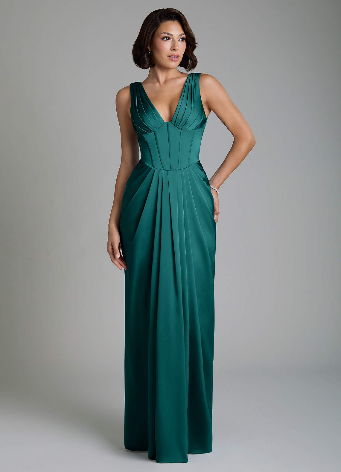 Vanya Sheath V-Neck Stretch Satin Bridesmaid Dress in Peacock