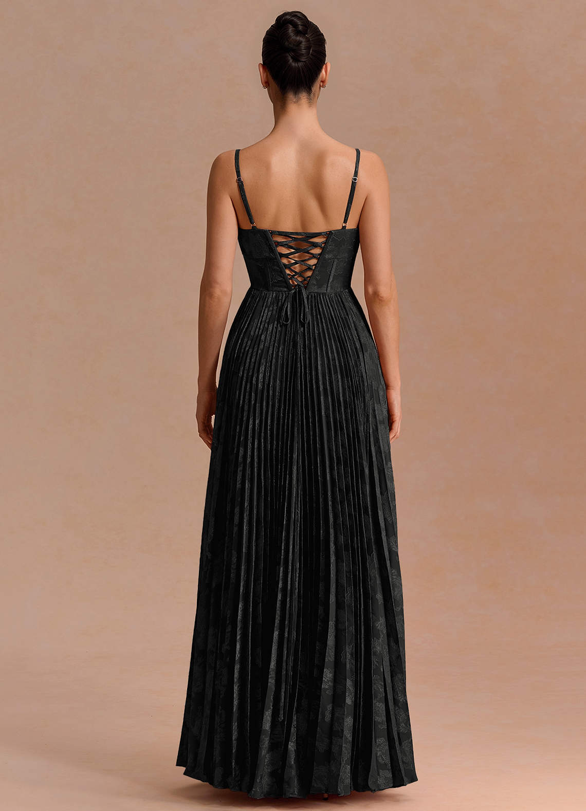 Delfina A-Line Twisted-Bust Fil Coupé Evening Dress in Black