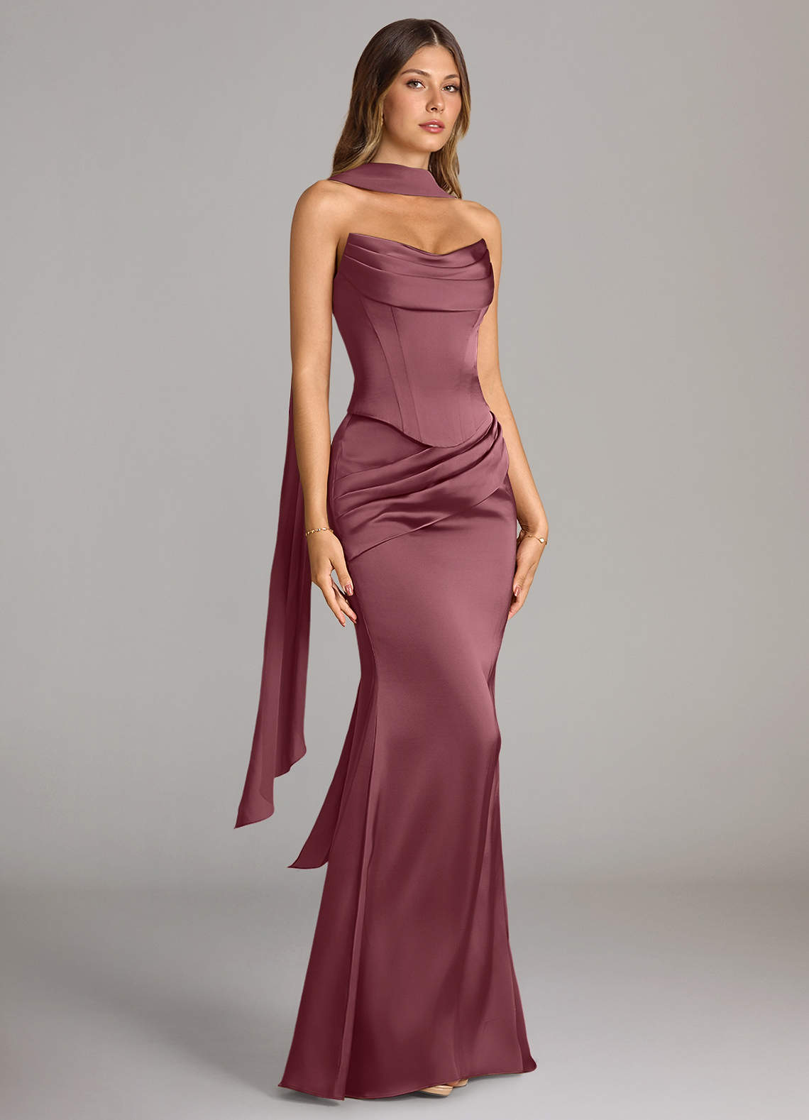 Sorrel Mermaid Cowl-Neck Stretch Satin and Chiffon Bridesmaid Dress in Desert Rose