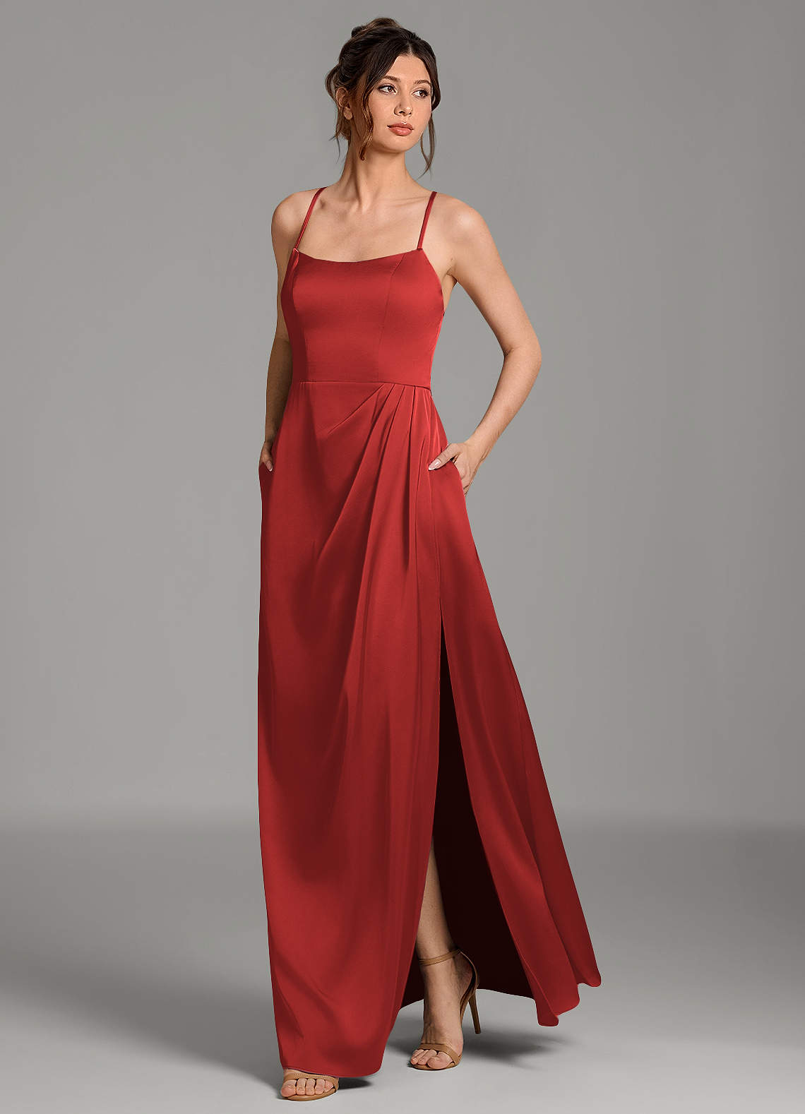 Frankie A-Line Scoop-Neck Stretch Satin Bridesmaid Dress in Pomegranate