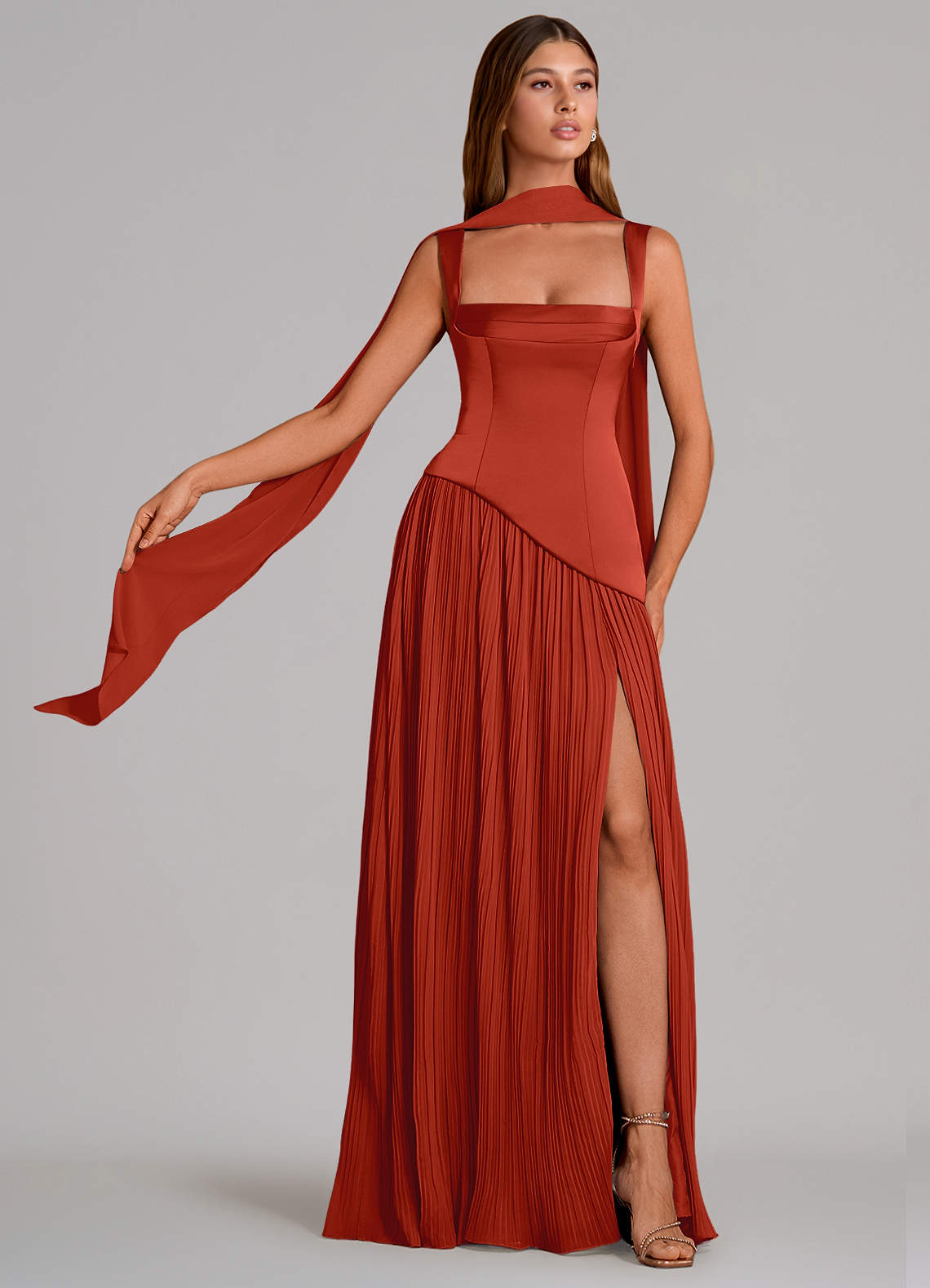 Stephanie A-Line Square-Neck Stretch Satin and Chiffon Bridesmaid Dress in Rust