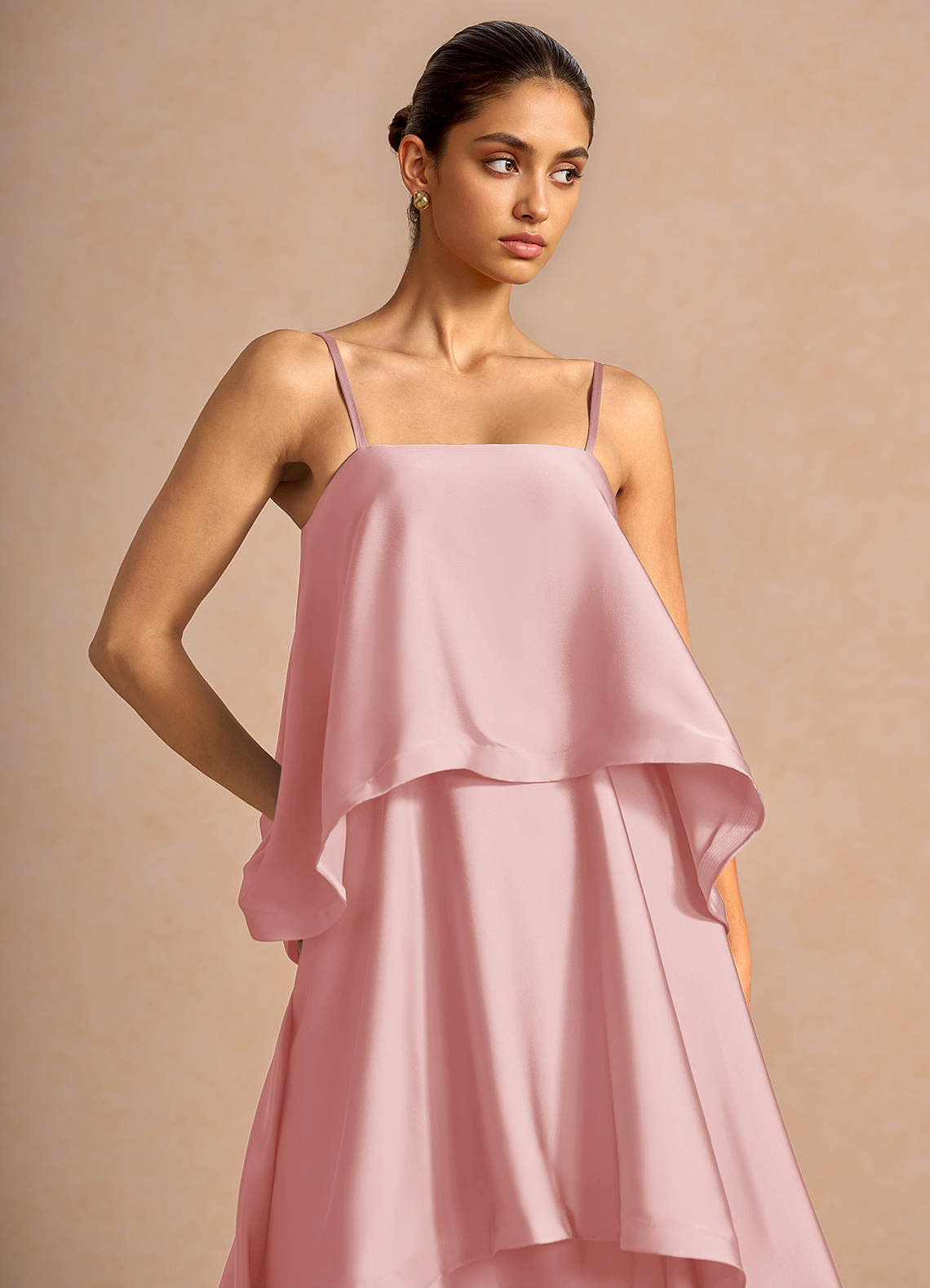 Itasca A-Line Tiered Stretch Satin Wedding Guest Dress in Haze Pink