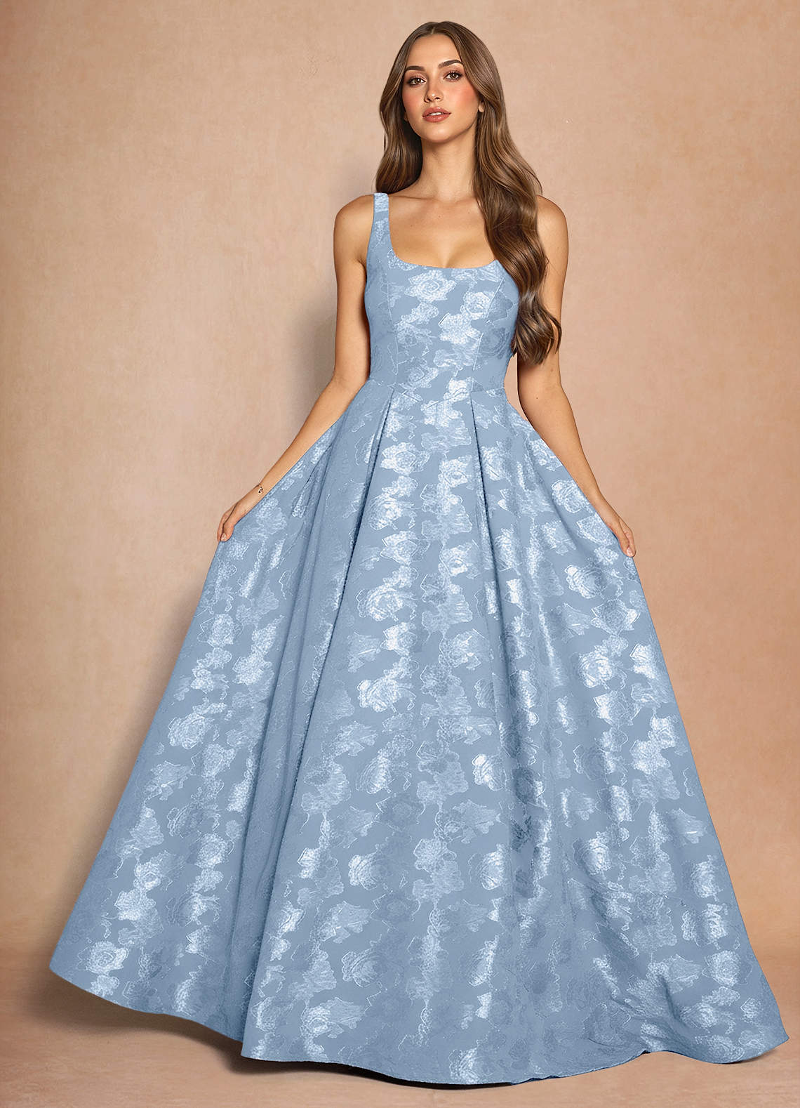 Briac A-Line Scoop-Neck Fil Coupé Evening Dress in Powder Blue