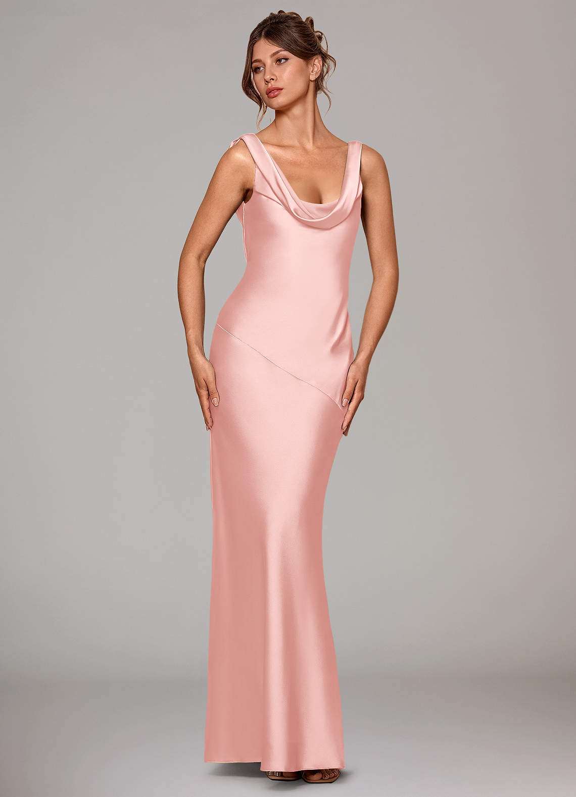 Rylina Mermaid Cowl-Neck Stretch Satin Bridesmaid Dress in Powder Pink