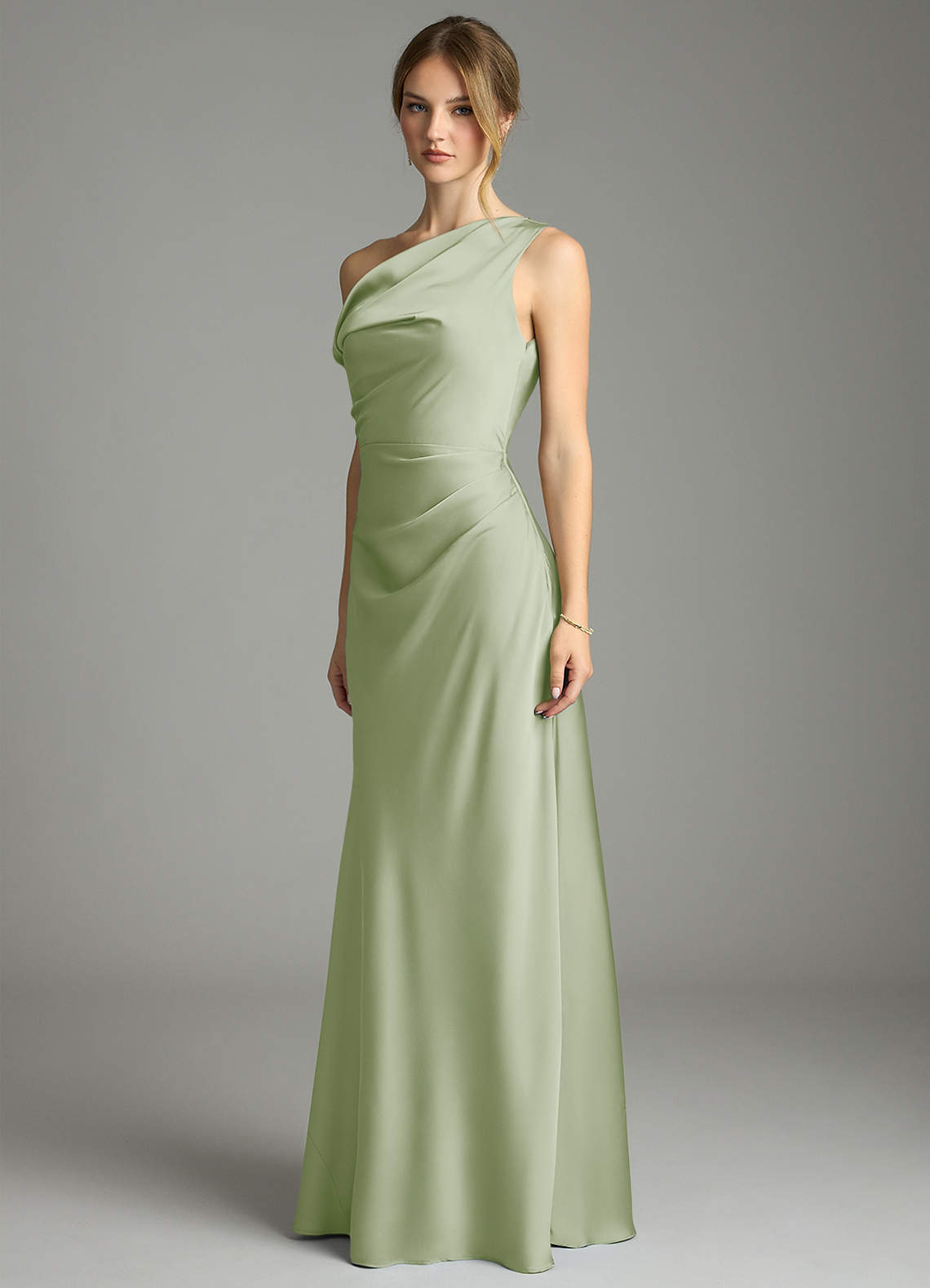 Emerson Mermaid One-Shoulder Stretch Satin Bridesmaid Dress in Dusty Sage