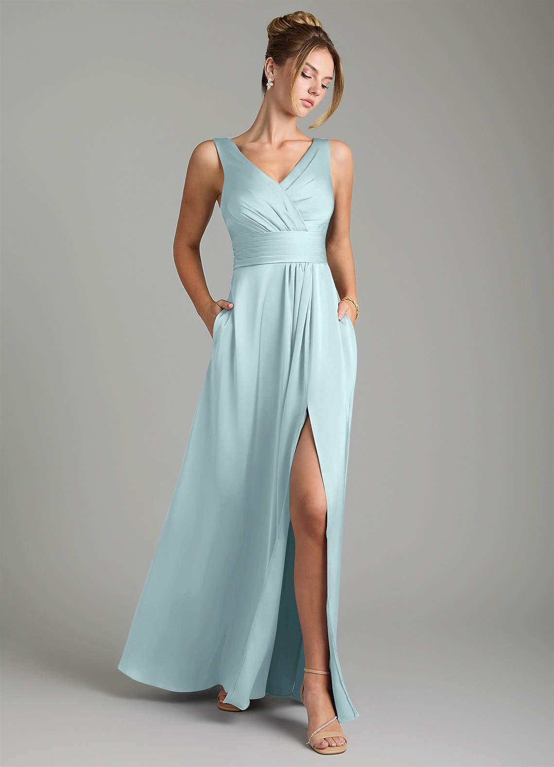 Karina A-Line V-Neck Stretch Satin Bridesmaid Dress in Sea Glass