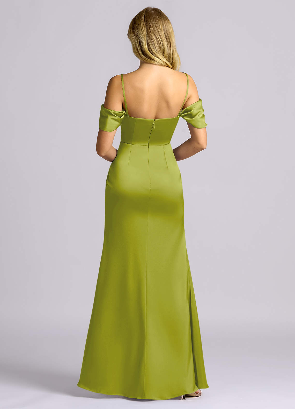 Auden Sheath Off-the-Shoulder Stretch Satin Bridesmaid Dress in Lemongrass