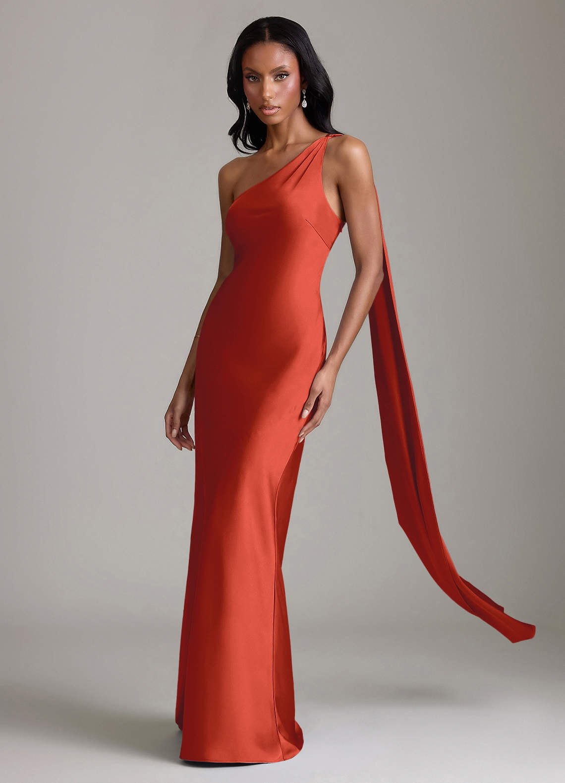Juniper Mermaid One-Shoulder Stretch Satin Bridesmaid Dress in Rust