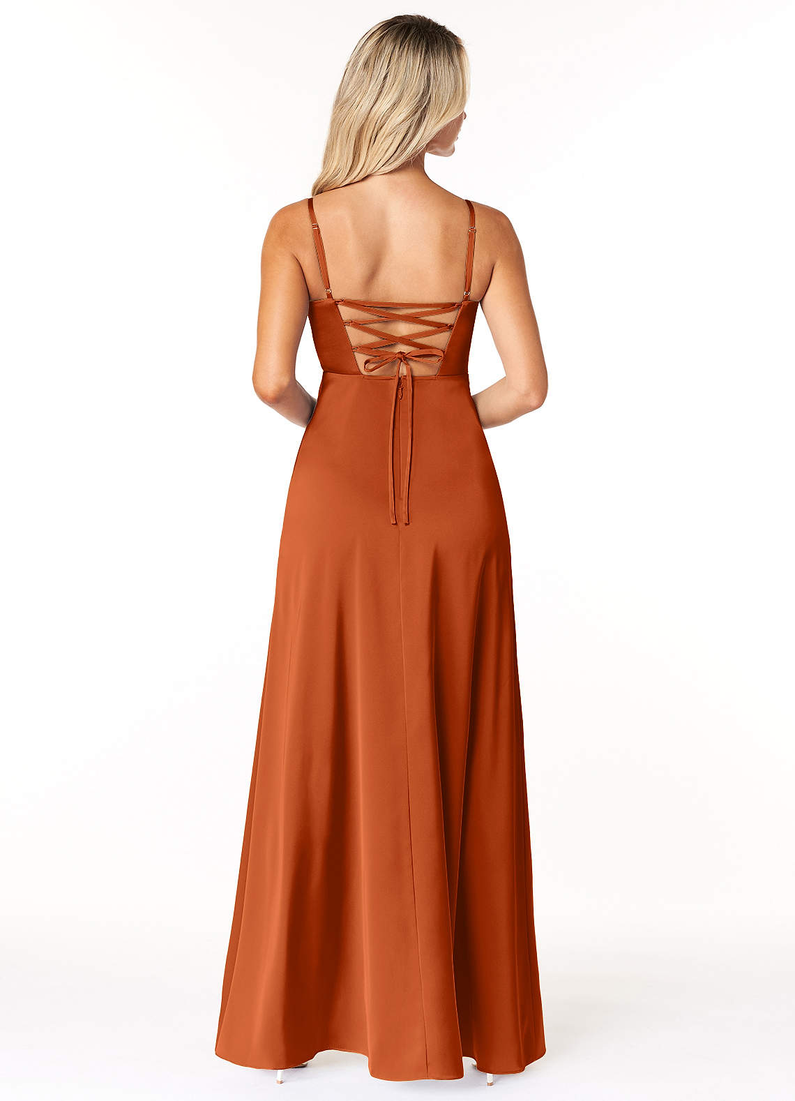 Marchella A-Line V-Neck Stretch Satin Bridesmaid Dress in Burnt Orange