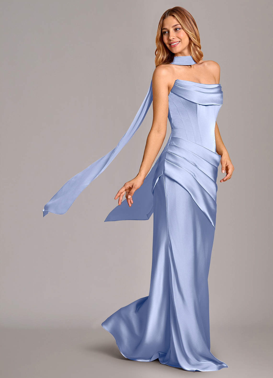 Pelagia Mermaid Cowl-Neck Stretch Satin Bridesmaid Dress in Ice