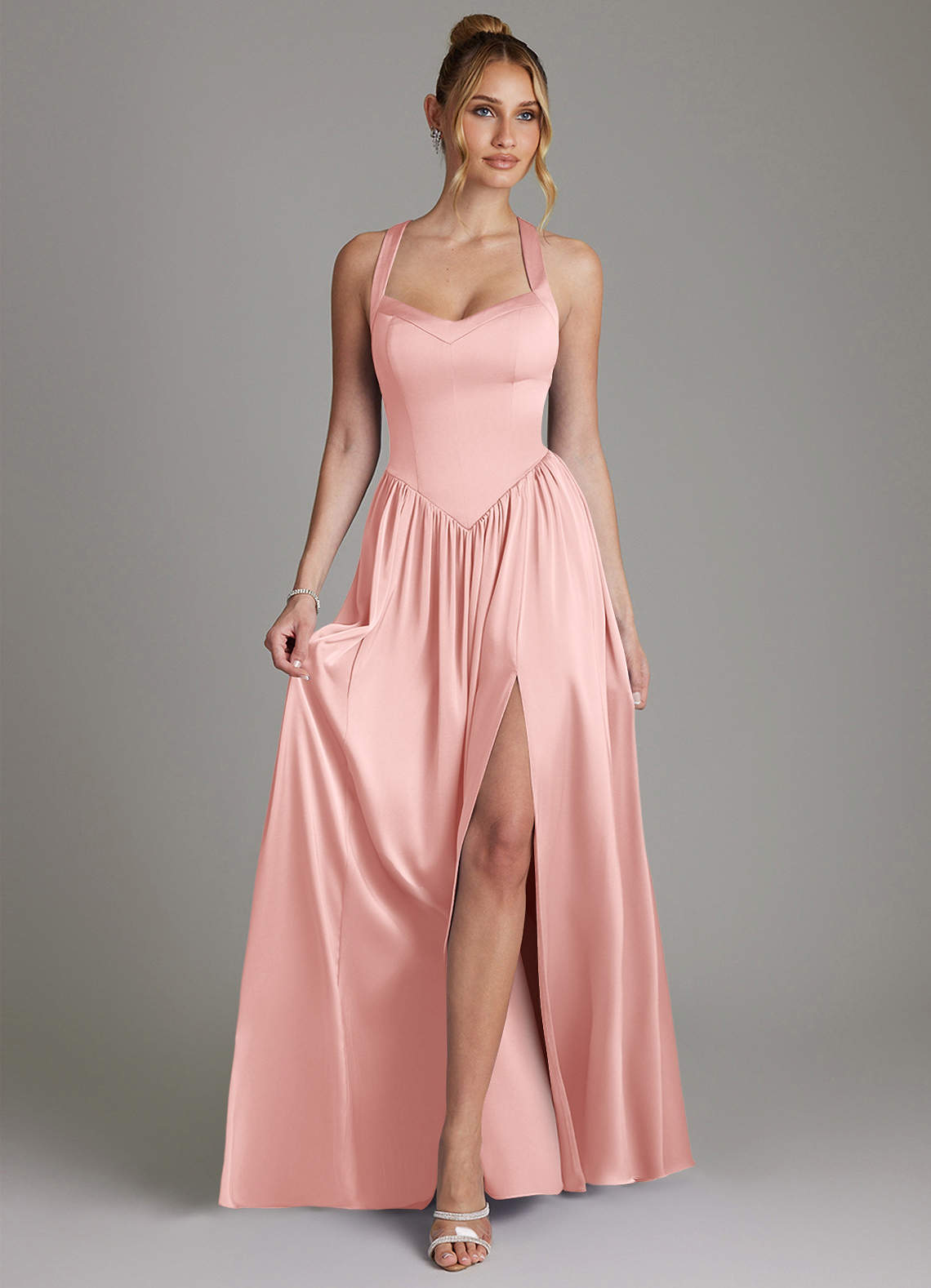 Francis A-Line V-Neck Stretch Satin Bridesmaid Dress in Powder Pink
