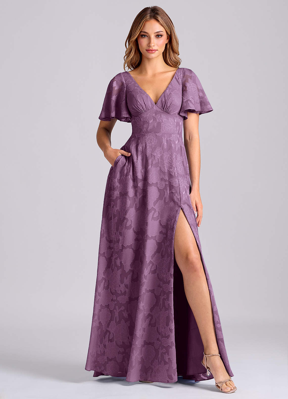 Kimber A-Line V-Neck Floral Burnout Bridesmaid Dress in Wisteria