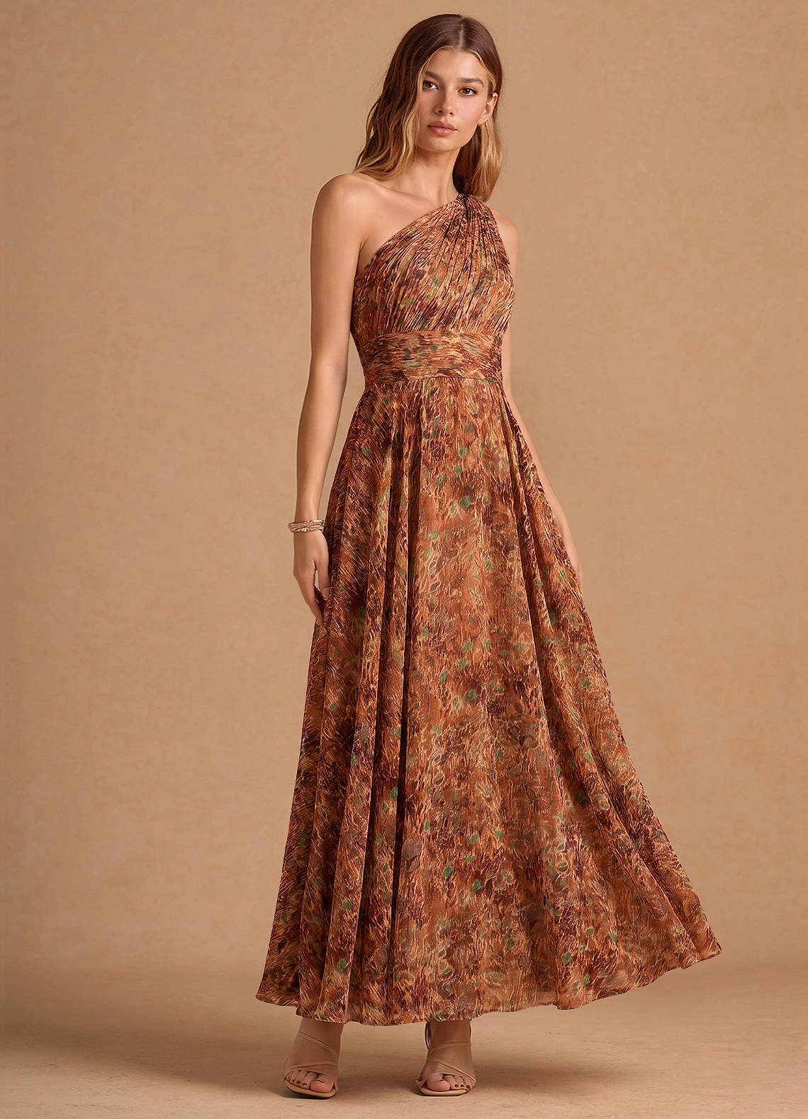 Noelle A-Line Twisted-Shoulder Chiffon Wedding Guest Dress in Orange Floral