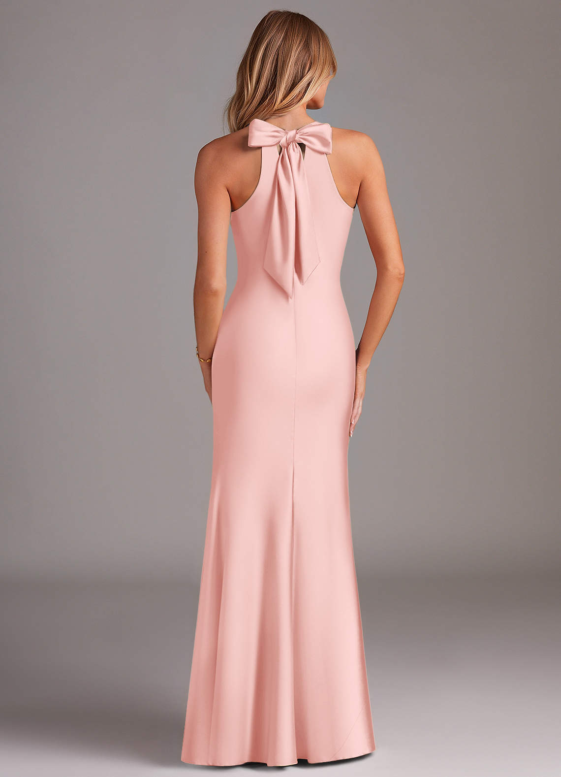 Doretta Mermaid Halter Stretch Satin Bridesmaid Dress in Powder Pink