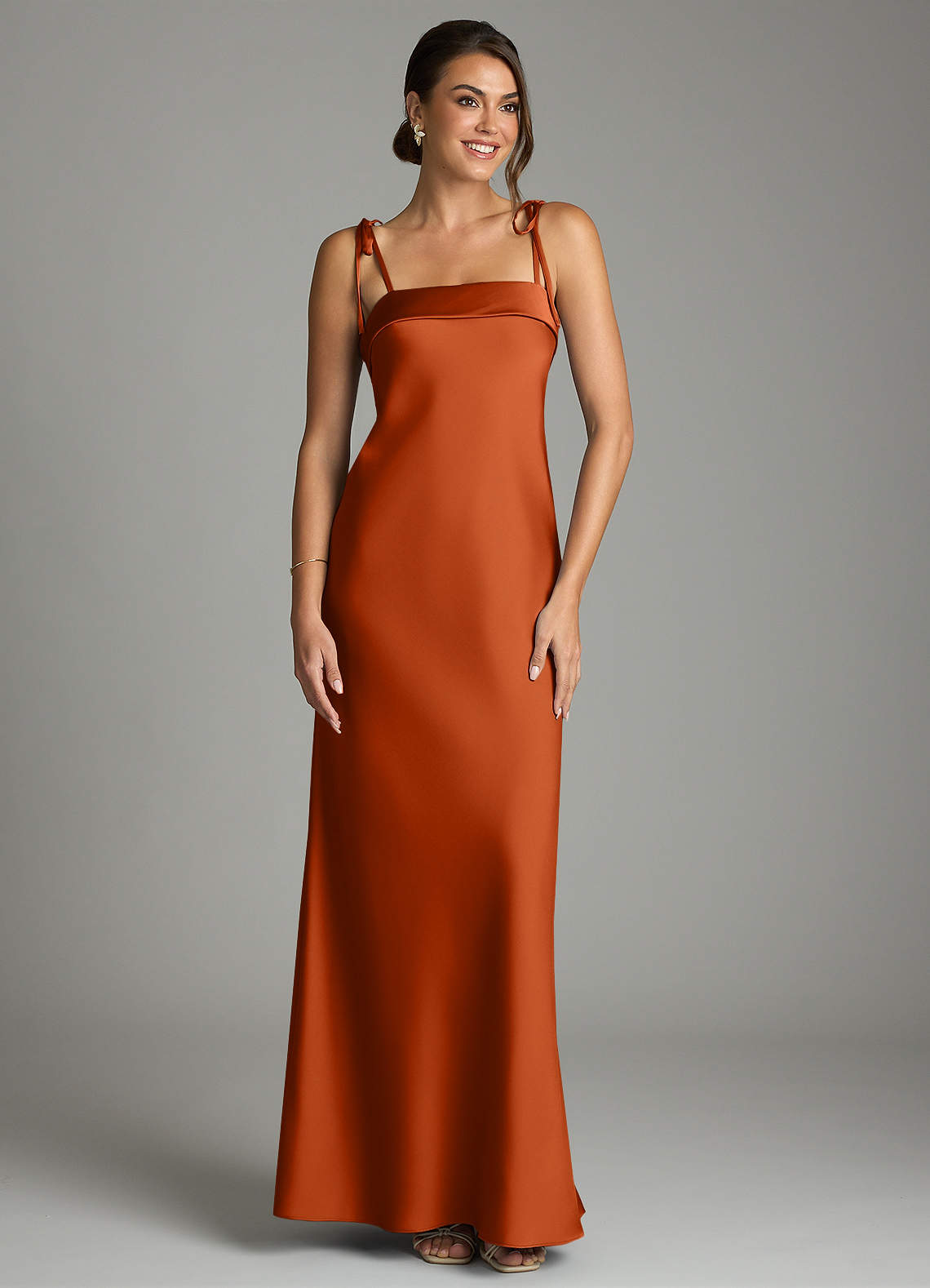 Ellia Sheath Straight-Neck Stretch Satin Bridesmaid Dress in Burnt Orange