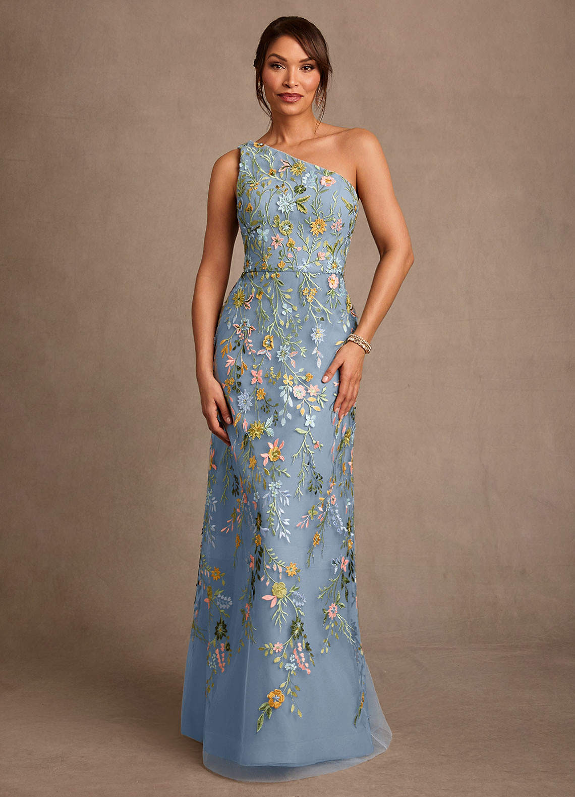Bertie A-Line One-Shoulder Lace Mother of the Bride Dress in dusty blue