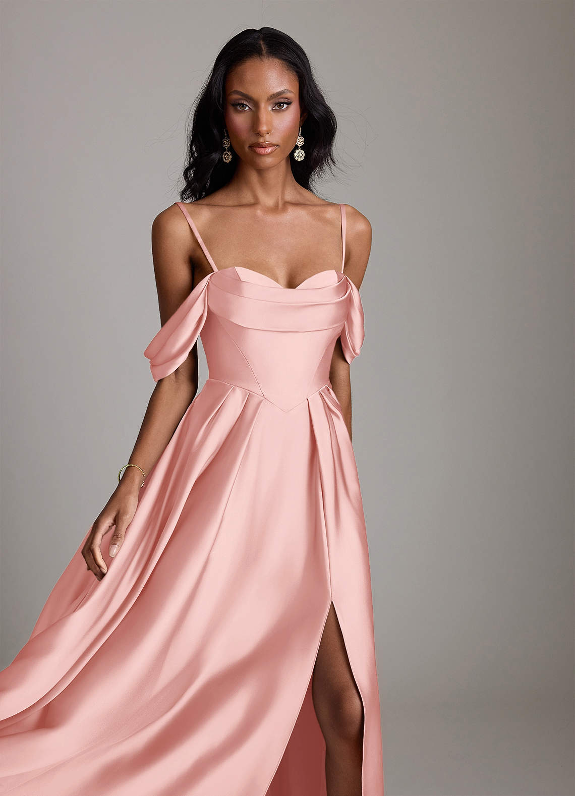 Loisa A-Line Off-the-Shoulder Stretch Satin Bridesmaid Dress in Powder Pink