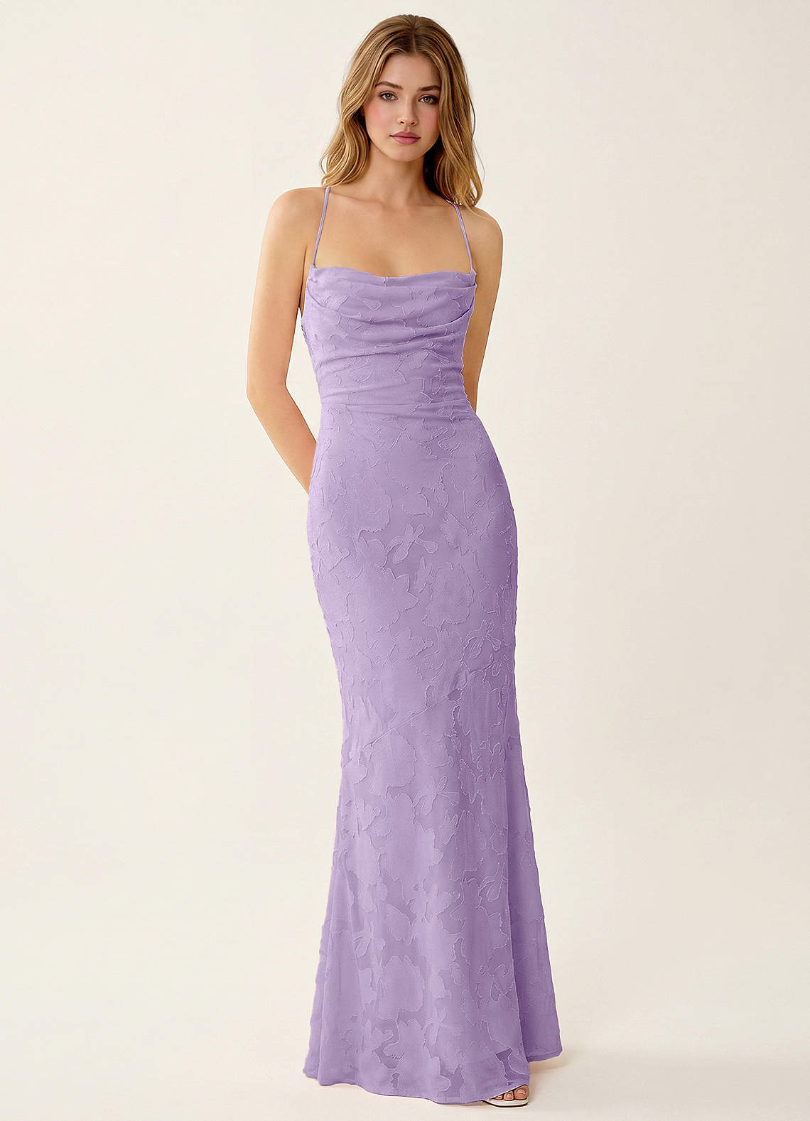 Natasha Mermaid Spaghetti-Strap Floral Burnout Evening Dress in Lilac