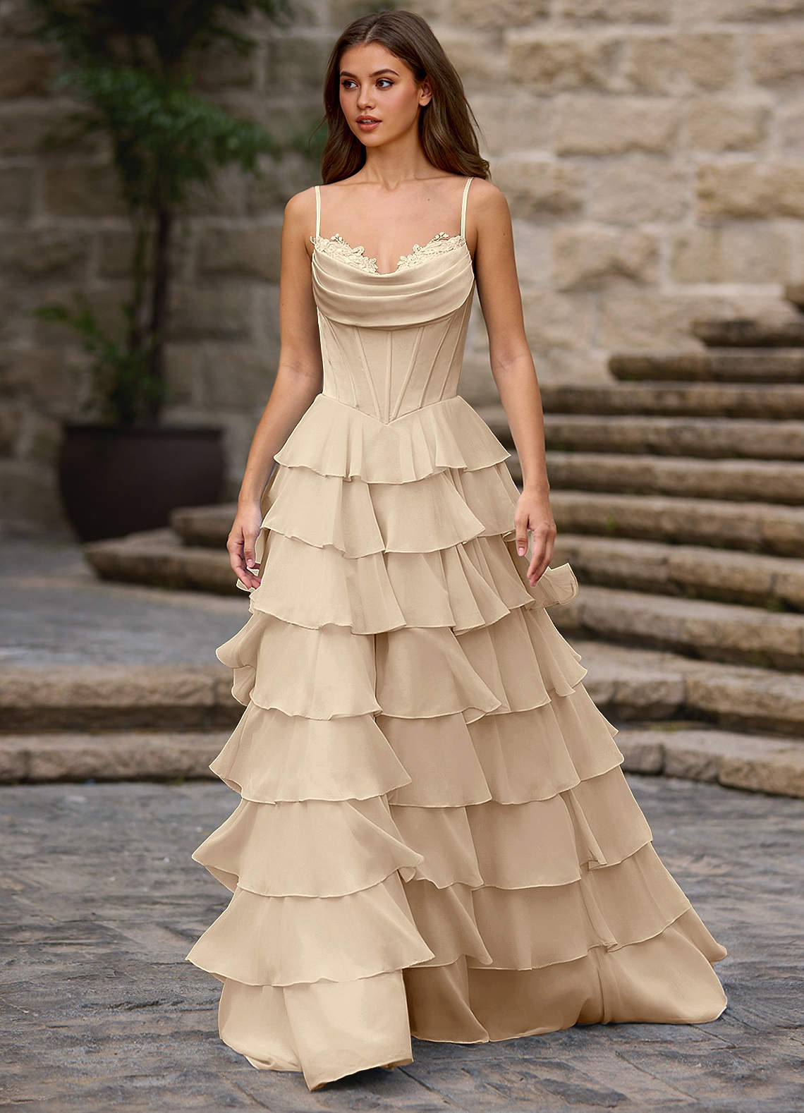 Floralace A-Line Ruffle Chiffon Evening Dress in Vanilla