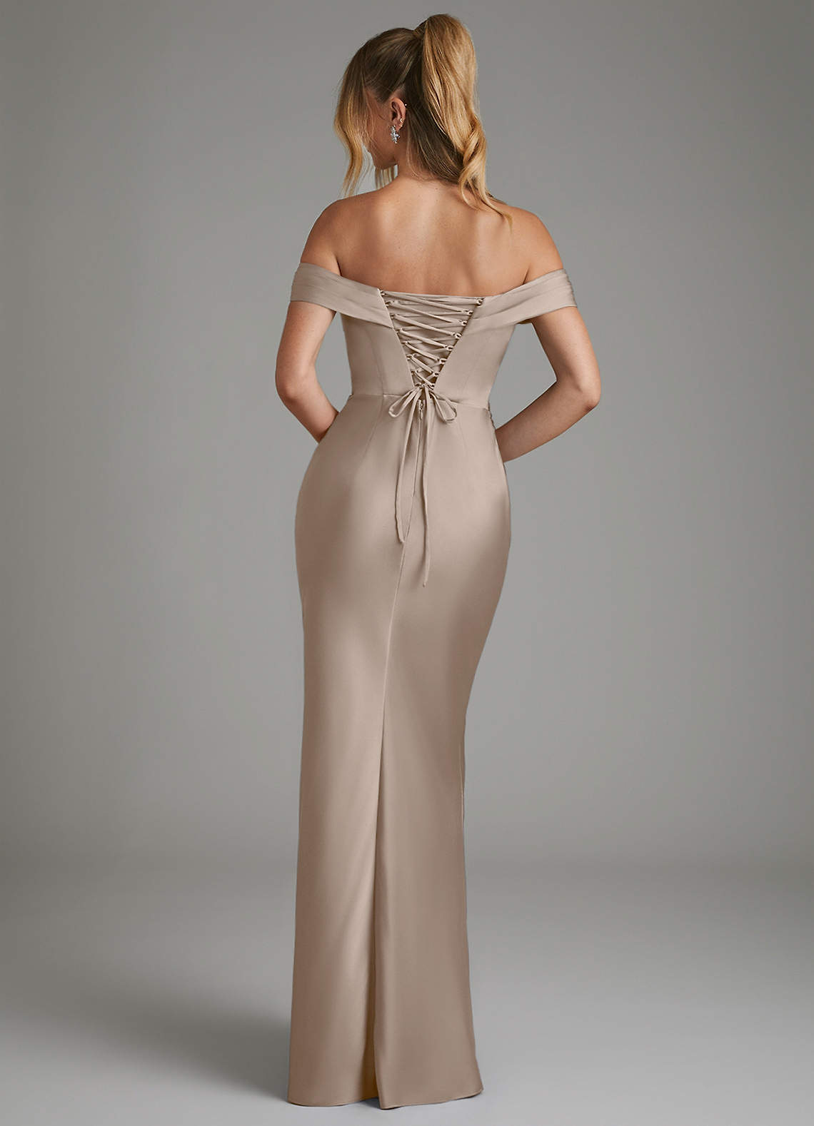 Hayden Mermaid Off-the-Shoulder Stretch Satin Bridesmaid Dress in Taupe