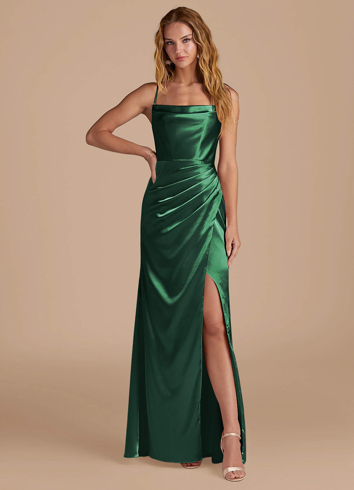 Marzia Mermaid Square-Neck Metallic Satin Bridesmaid Dress in Dark Green