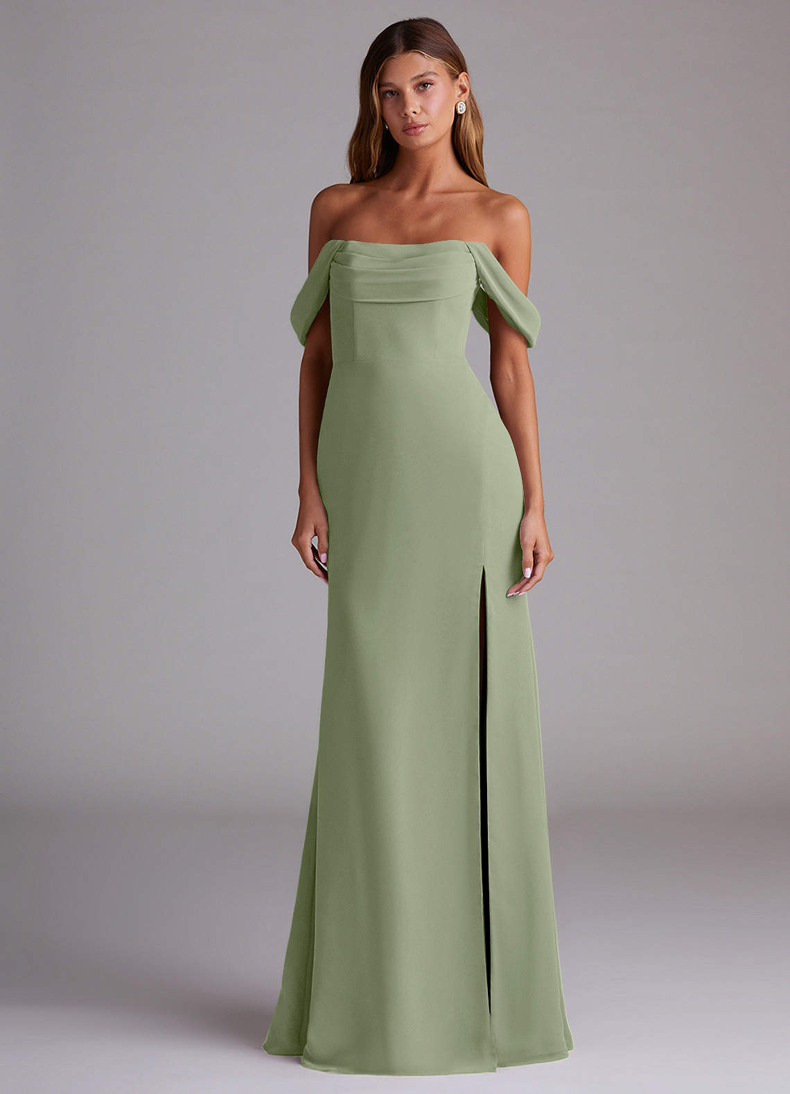 Saige A-Line Off-the-Shoulder Chiffon Bridesmaid Dress in Pistachio