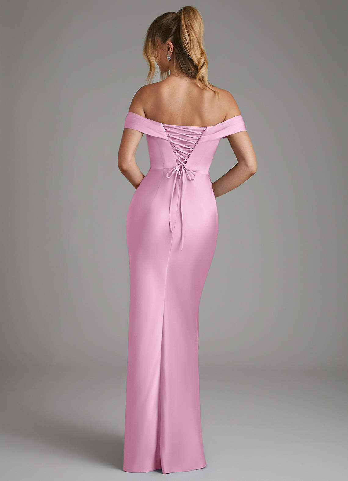 Hayden Mermaid Off-the-Shoulder Stretch Satin Bridesmaid Dress in candy pink