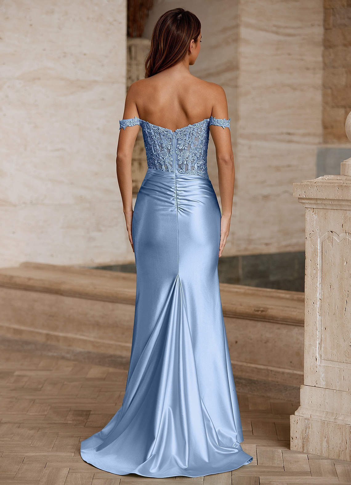 Wrentino Mermaid Off-the-Shoulder Stretch Satin Evening Dress in Sky Blue