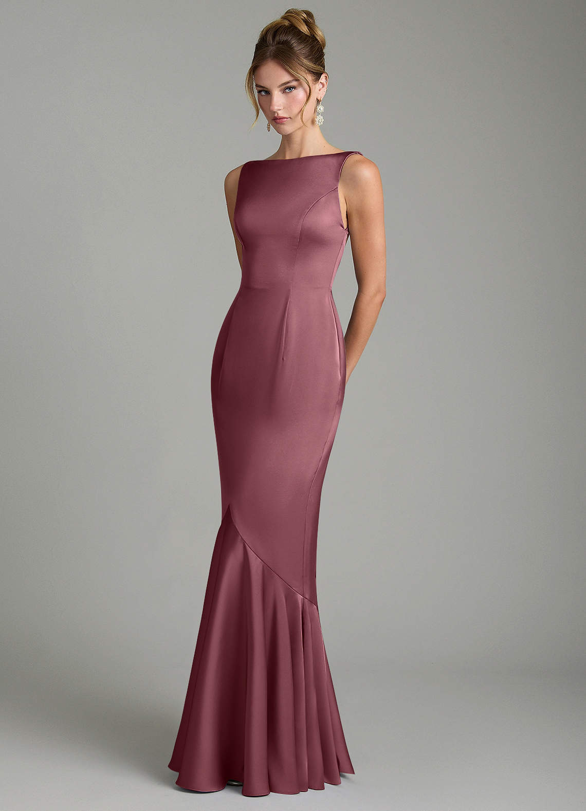 Tamera Mermaid Boat-Neck Stretch Satin and Chiffon Bridesmaid Dress in Desert Rose