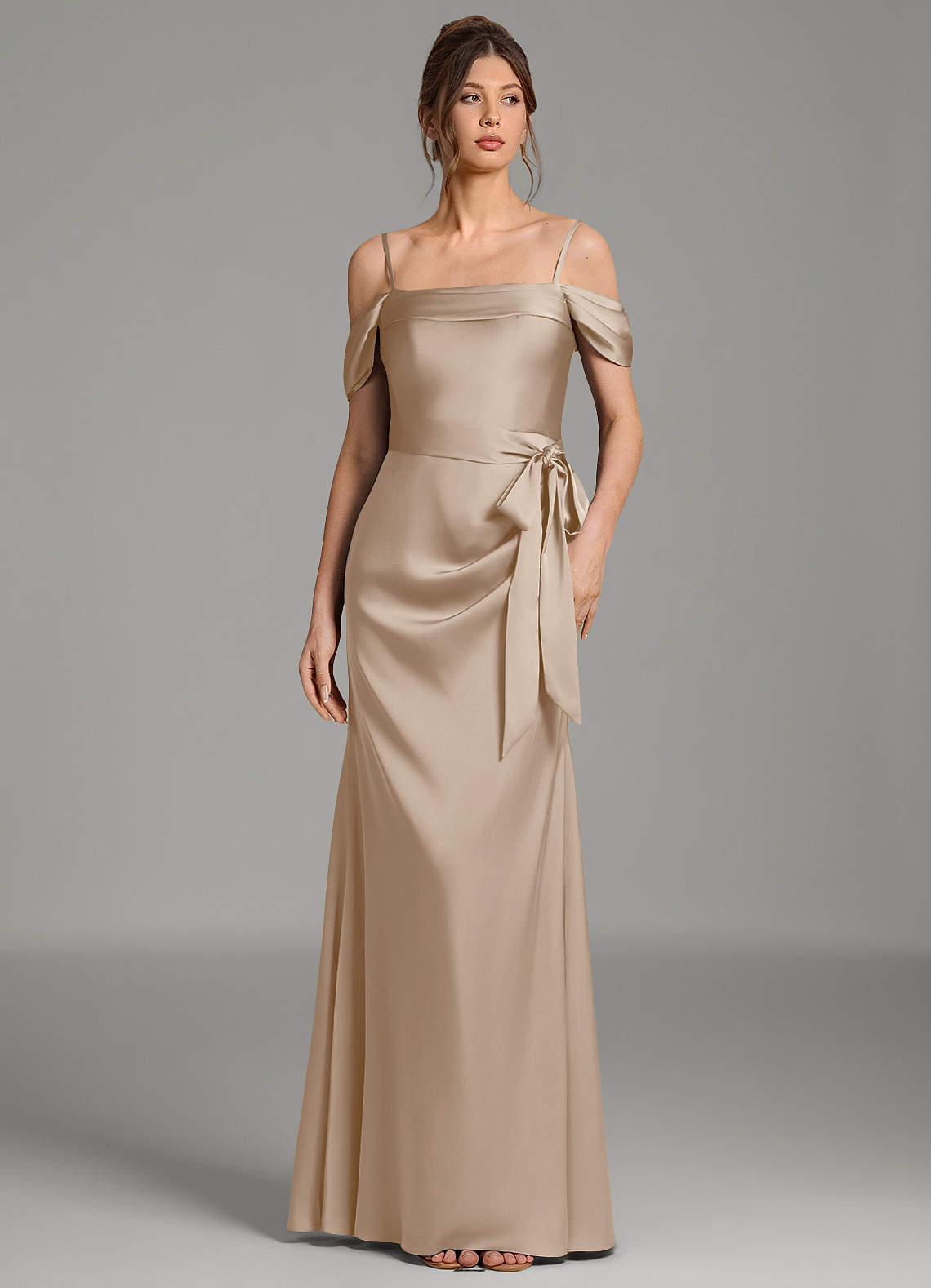 Wyatt Mermaid Off-the-Shoulder Stretch Satin Bridesmaid Dress in Taupe