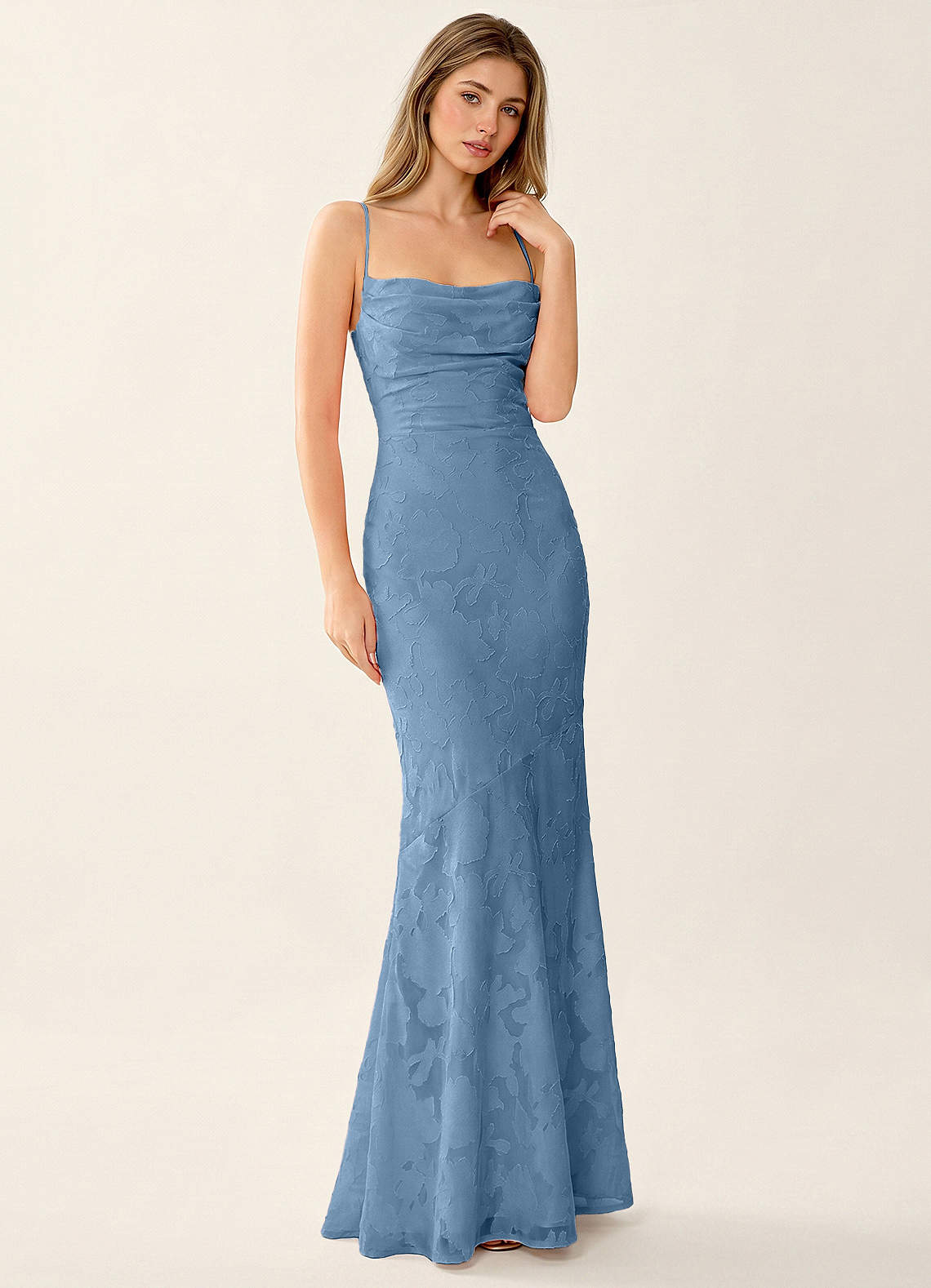 Natasha Mermaid Spaghetti-Strap Floral Burnout Evening Dress in Burgundy