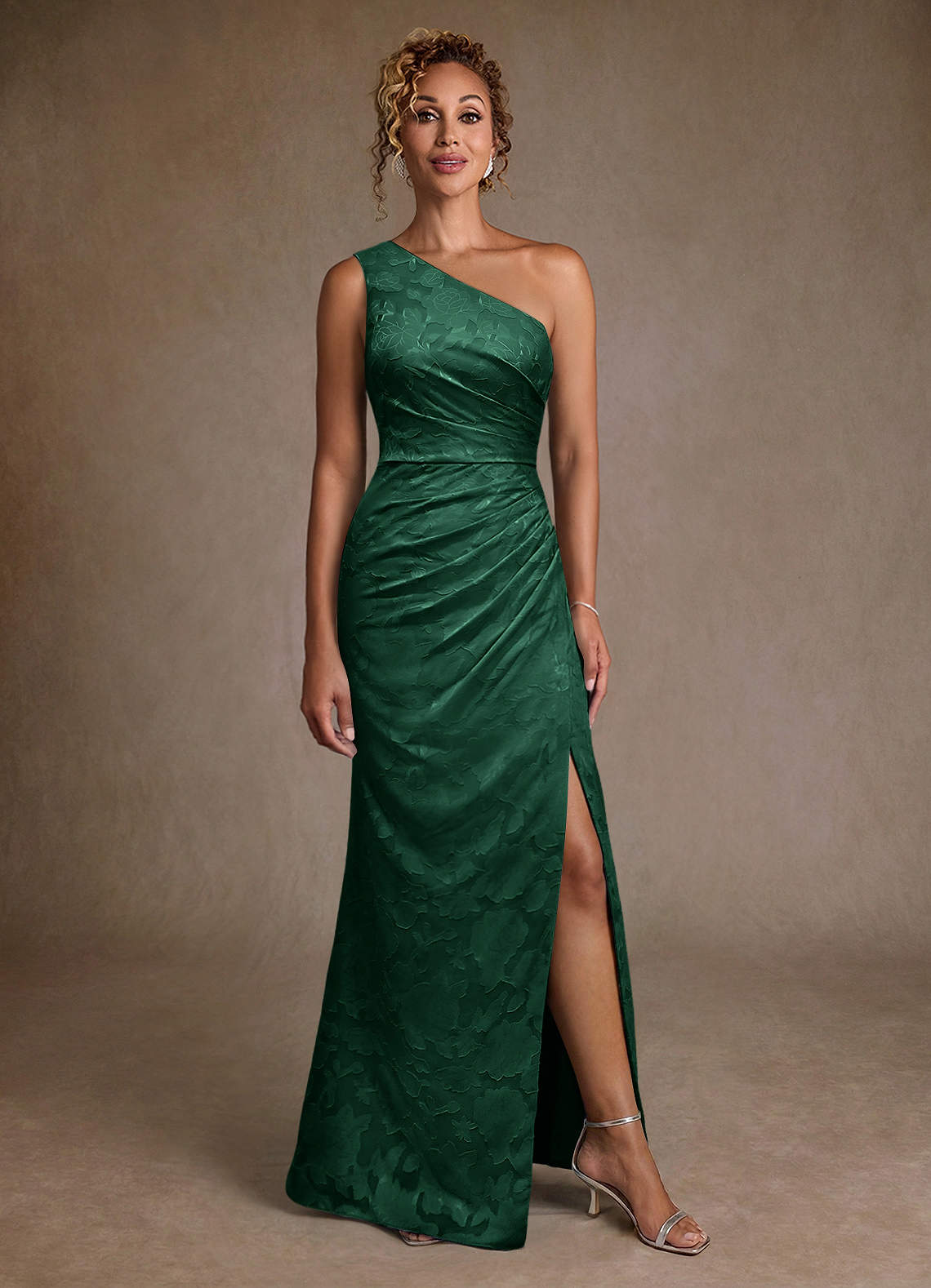 Joylin Trumpet One-Shoulder Floral Burnout Mother of the Bride Dress in Dark Green