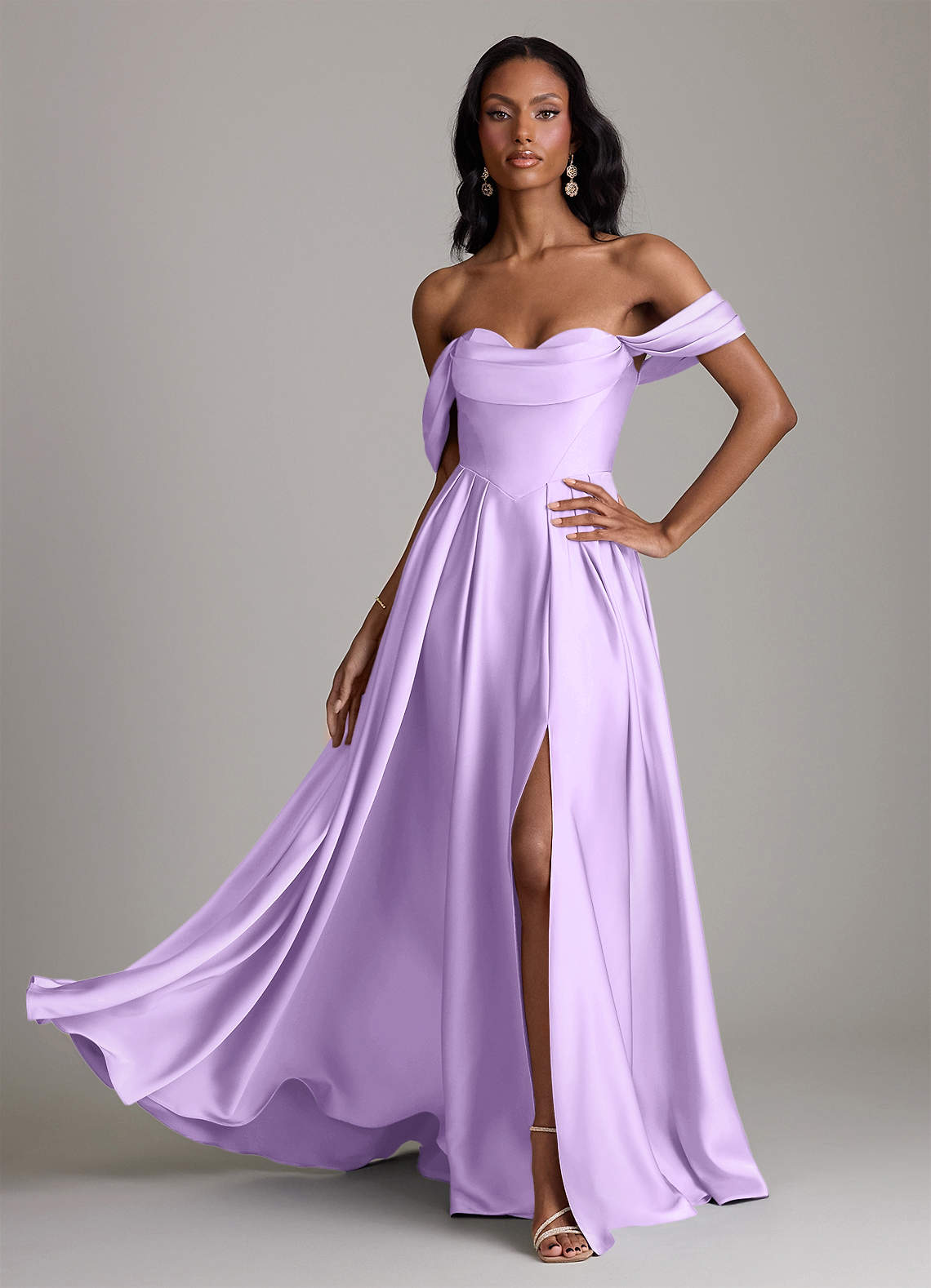 Loisa A-Line Off-the-Shoulder Stretch Satin Bridesmaid Dress in Lilac
