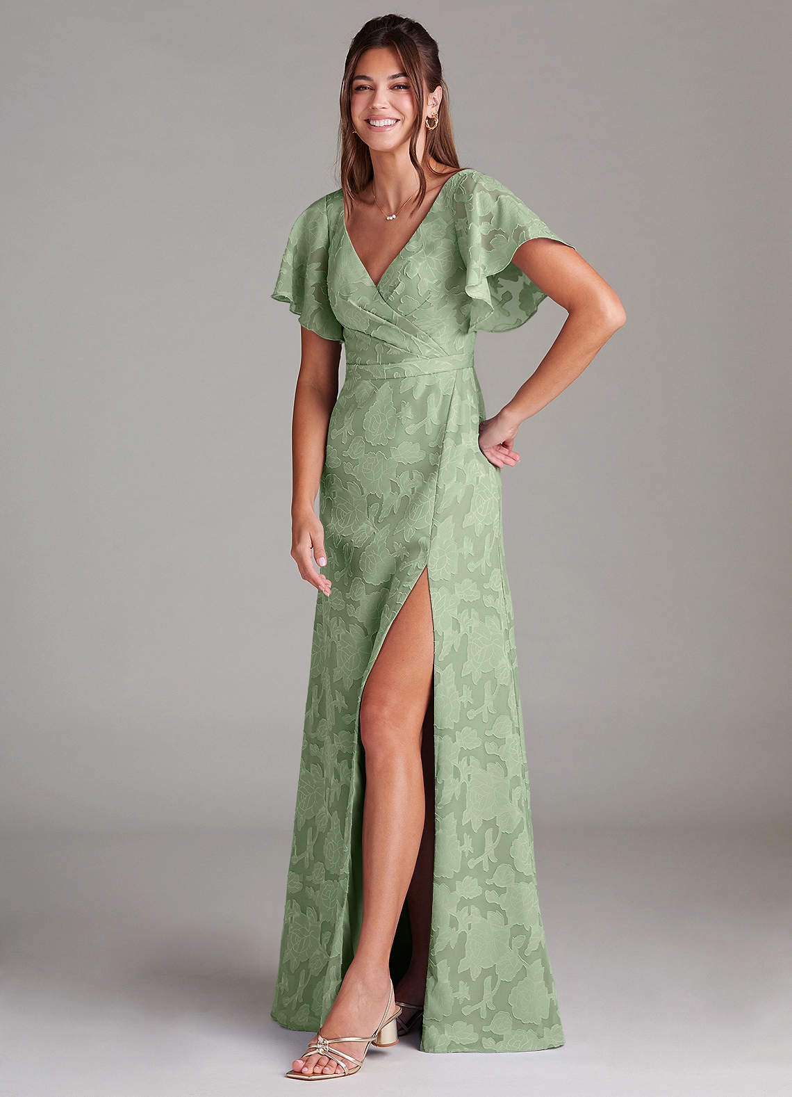 Ambrosia A-Line V-Neck Floral Burnout Bridesmaid Dress in Dusty Sage