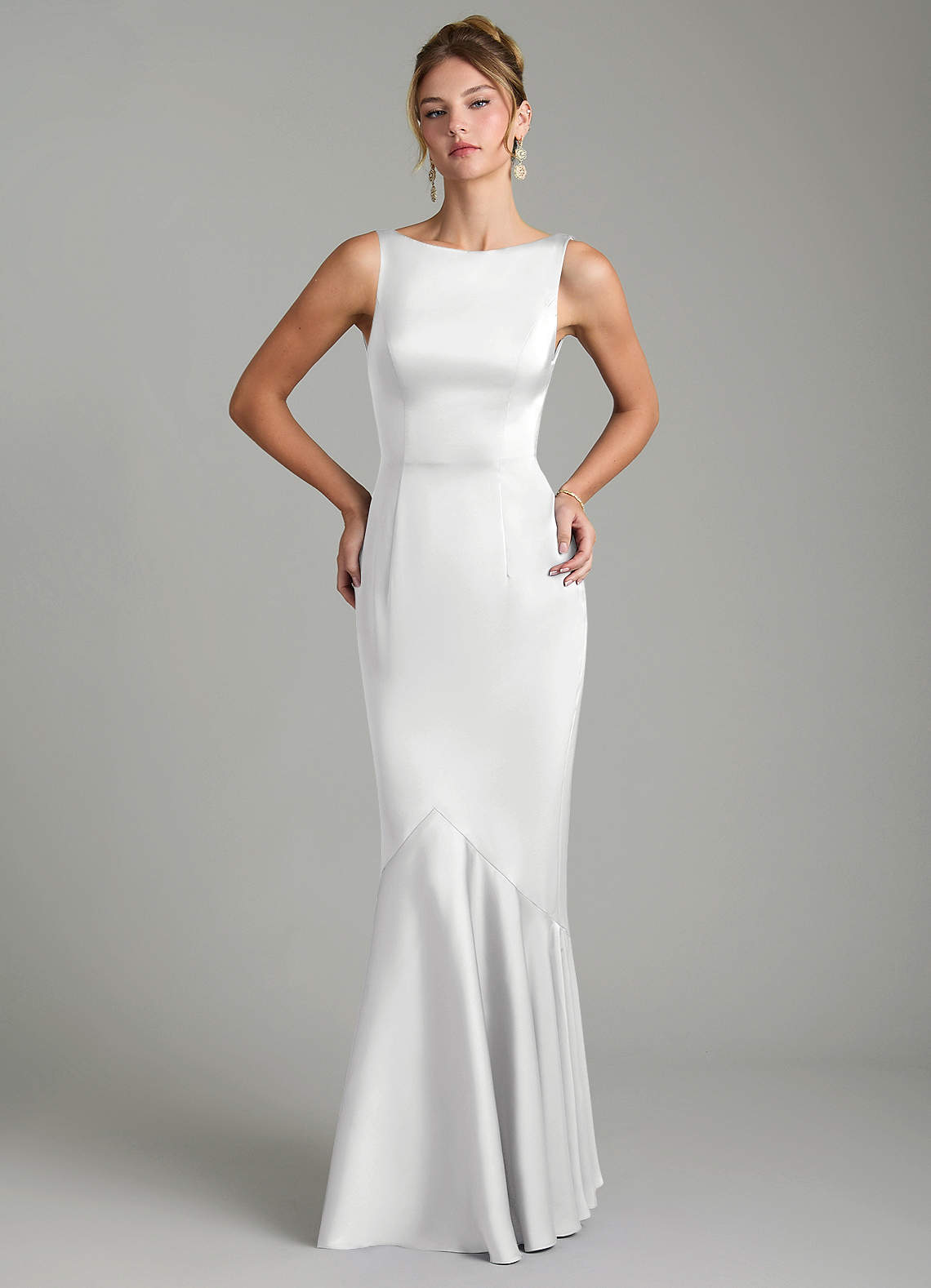 Tamera Mermaid Boat-Neck Stretch Satin and Chiffon Bridesmaid Dress in white