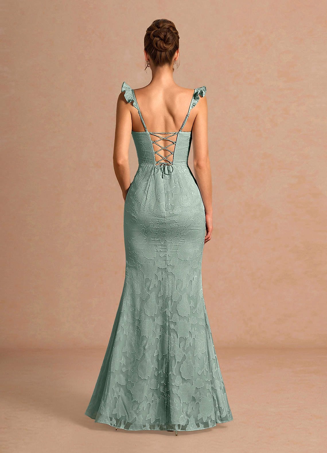 Romilly Mermaid Ruffled Chiffon Burnout Evening Dress in Agave Green
