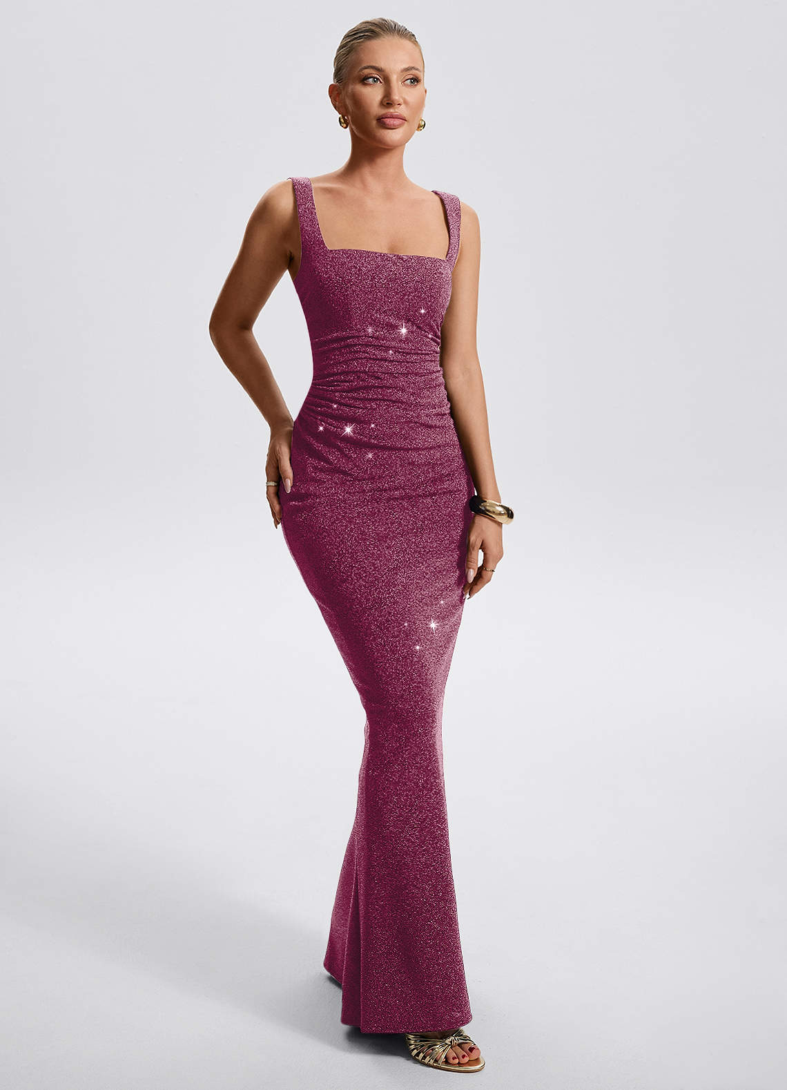 Eira Sheath Square-Neck Metallic Knit Evening Dress in Pink