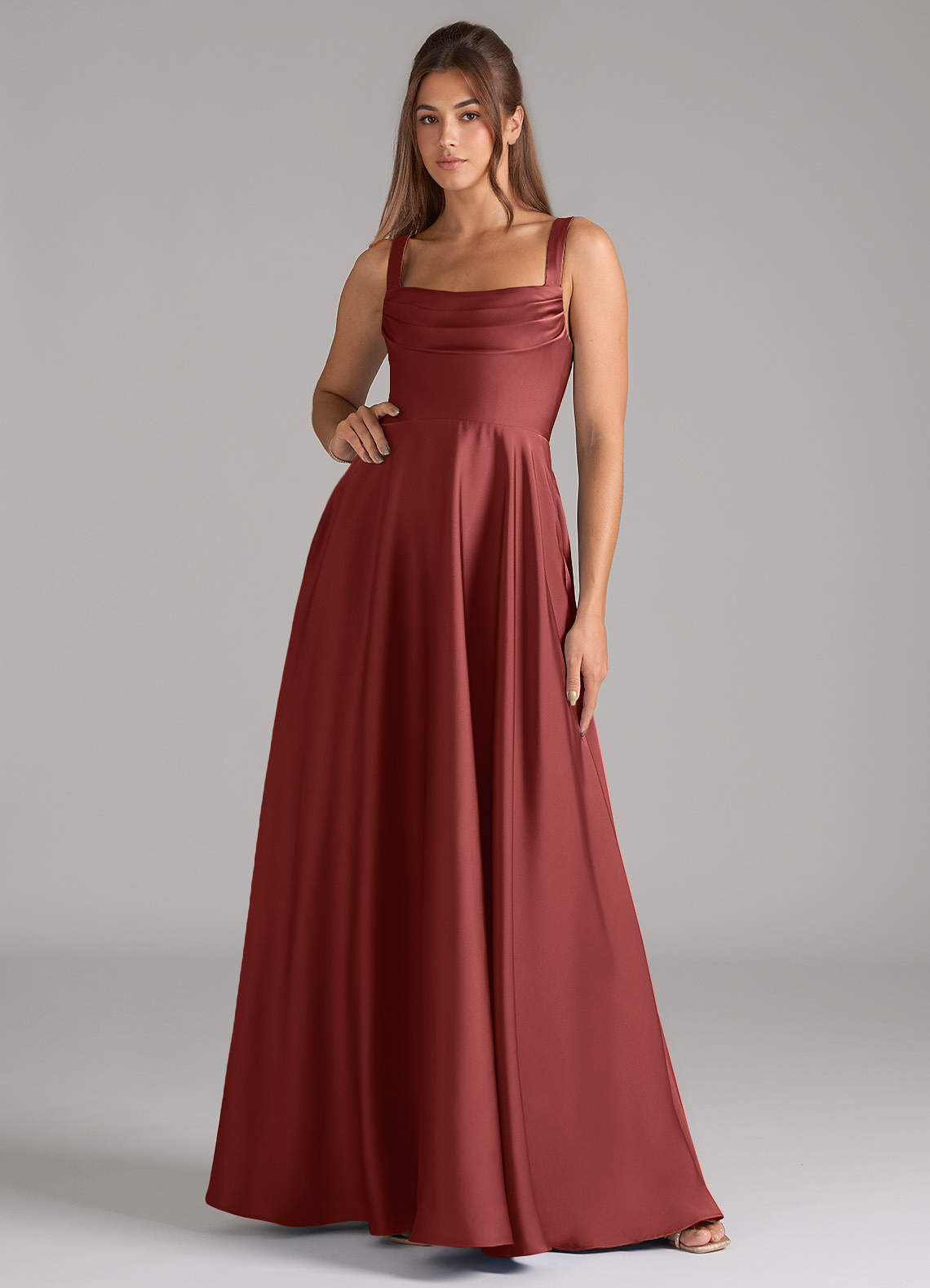 Shaude A-Line Square-Neck Stretch Satin Bridesmaid Dress in Terracotta