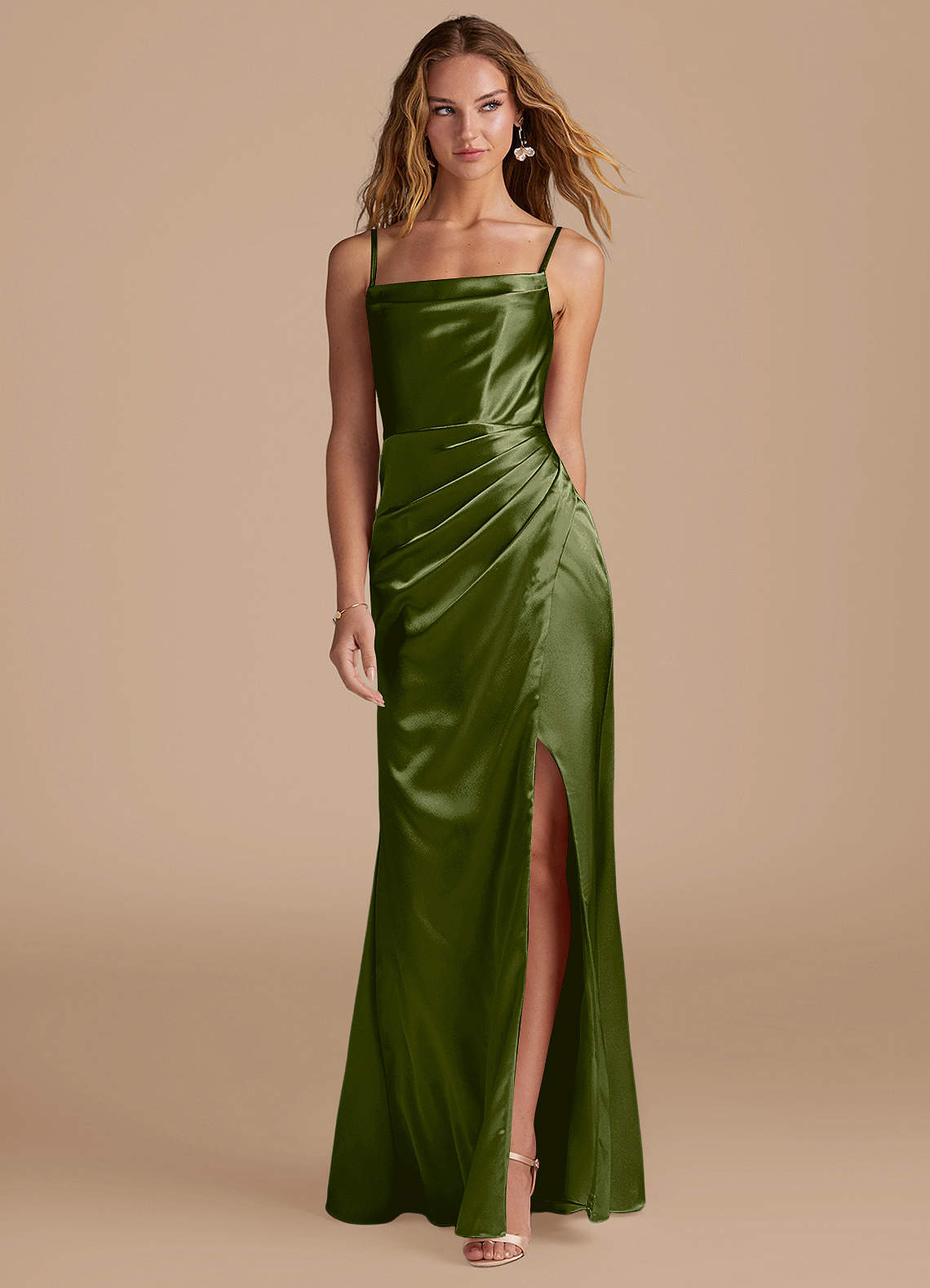 Marzia Mermaid Square-Neck Metallic Satin Bridesmaid Dress in Olive