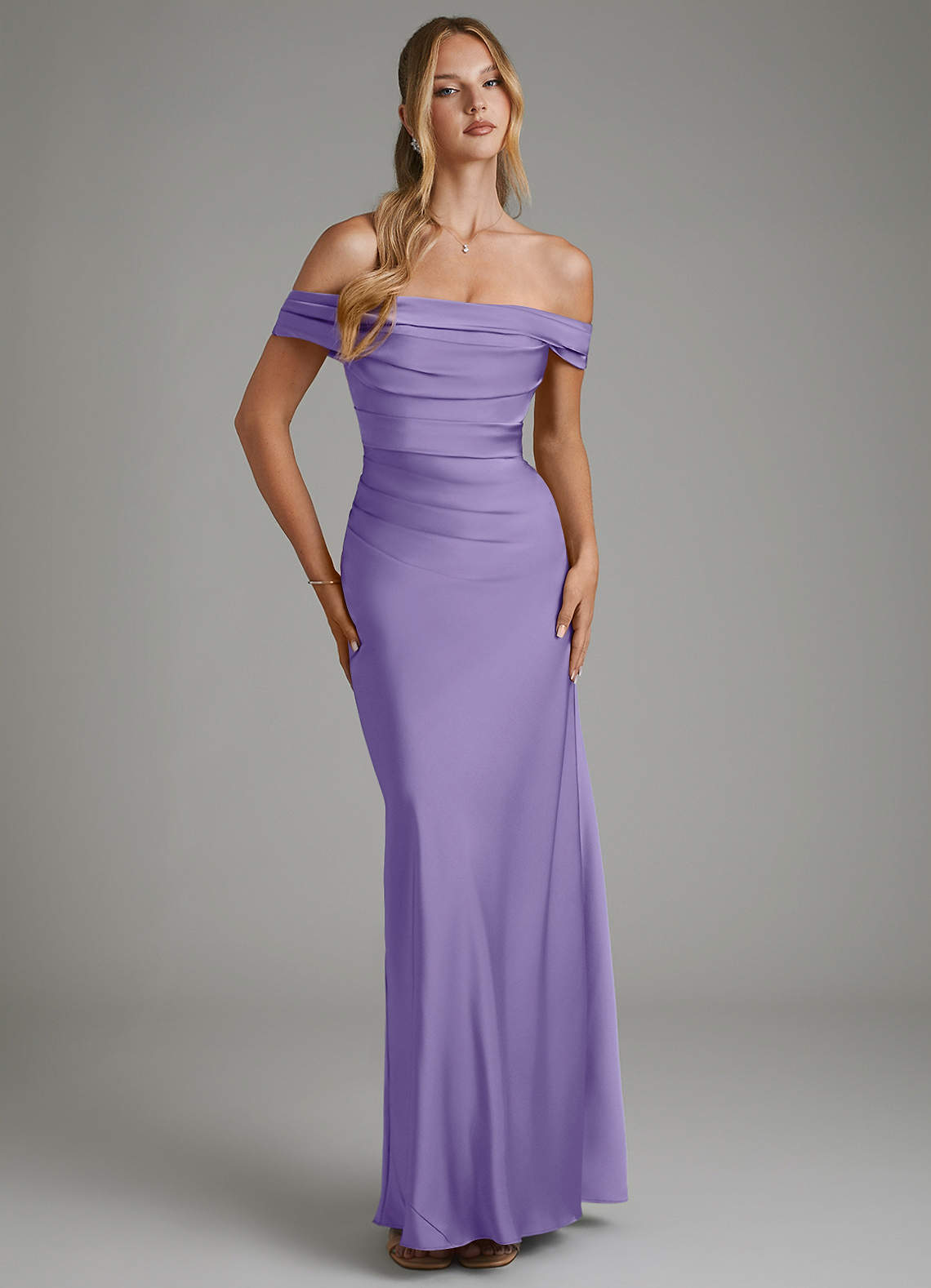 Hayden Mermaid Off-the-Shoulder Stretch Satin Bridesmaid Dress in Tahiti