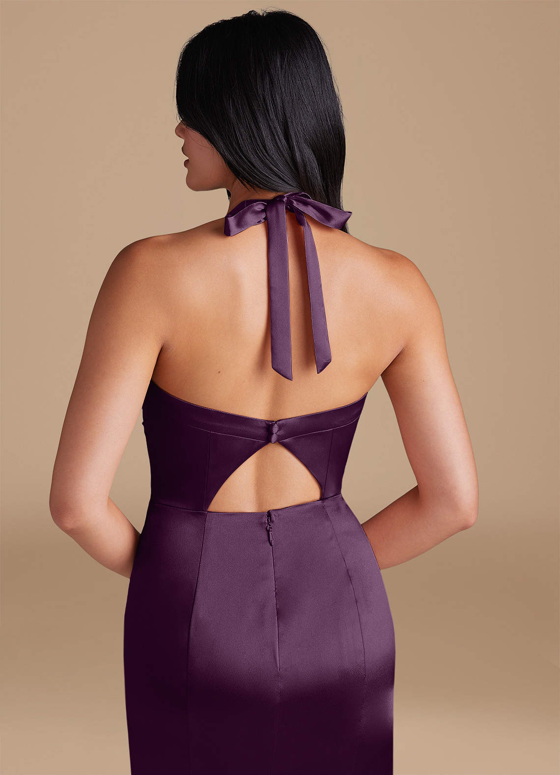 Emeria Sheath Halter Metallic Satin Bridesmaid Dress in Plum