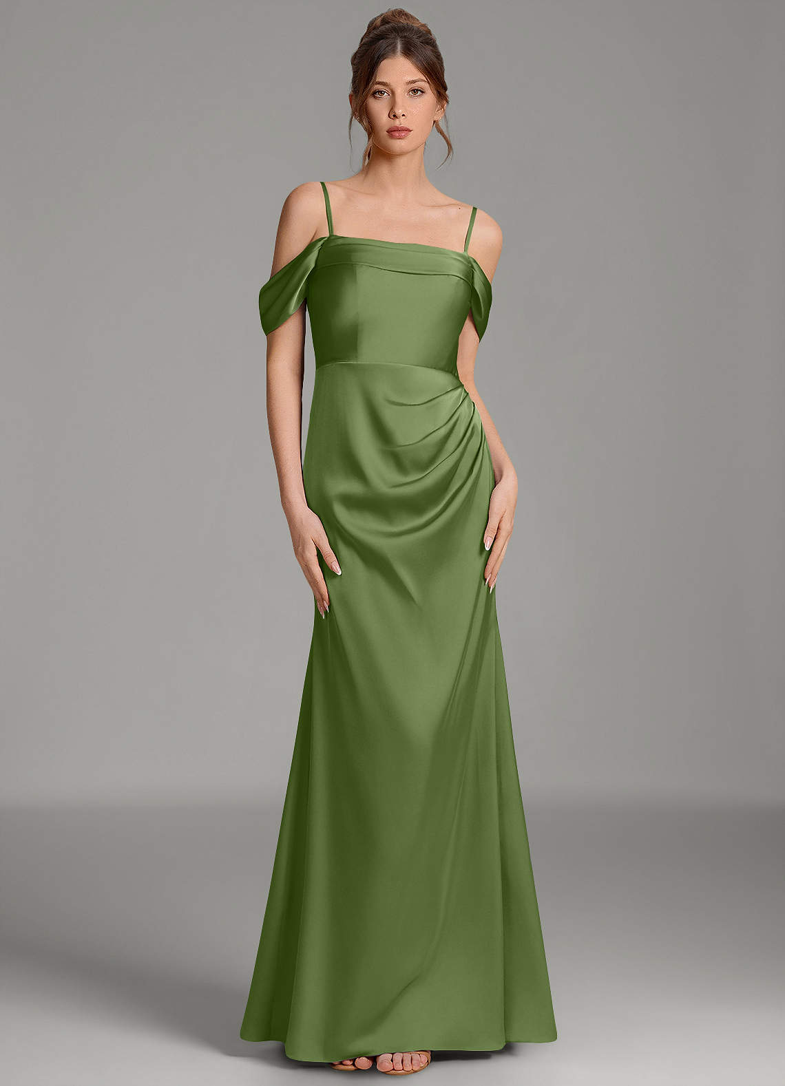 Wyatt Mermaid Off-the-Shoulder Stretch Satin Bridesmaid Dress in Juniper