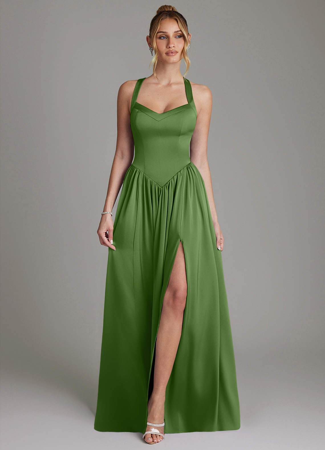Francis A-Line V-Neck Stretch Satin Bridesmaid Dress in Basil