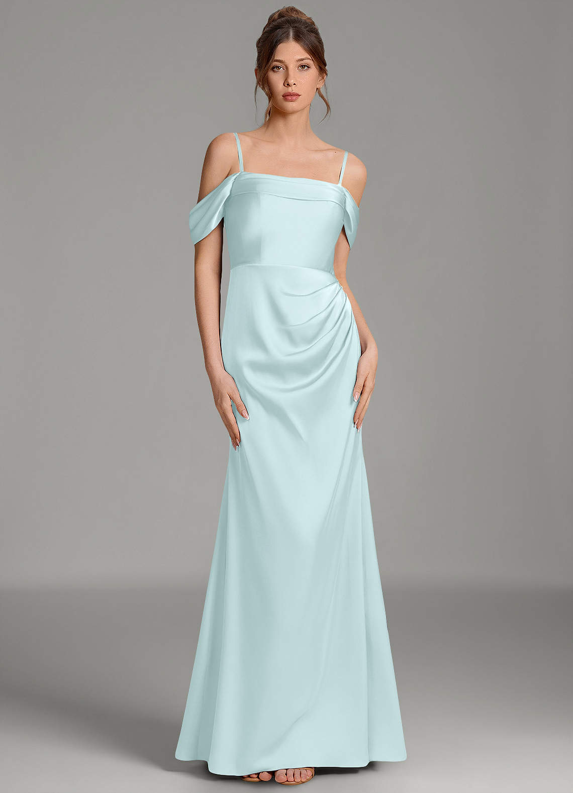 Wyatt Mermaid Off-the-Shoulder Stretch Satin Bridesmaid Dress in Sea Glass