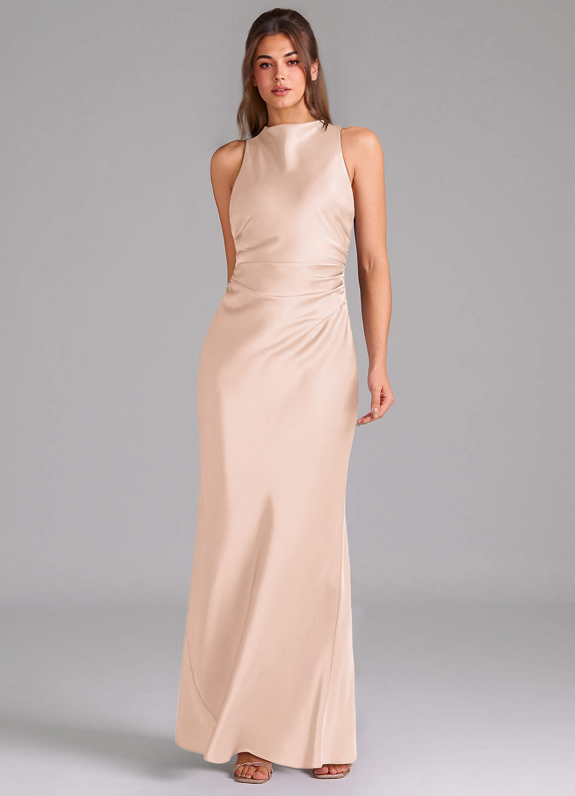 Evadne Sheath Scoop-Neck Stretch Satin Bridesmaid Dress in Blushing Pink