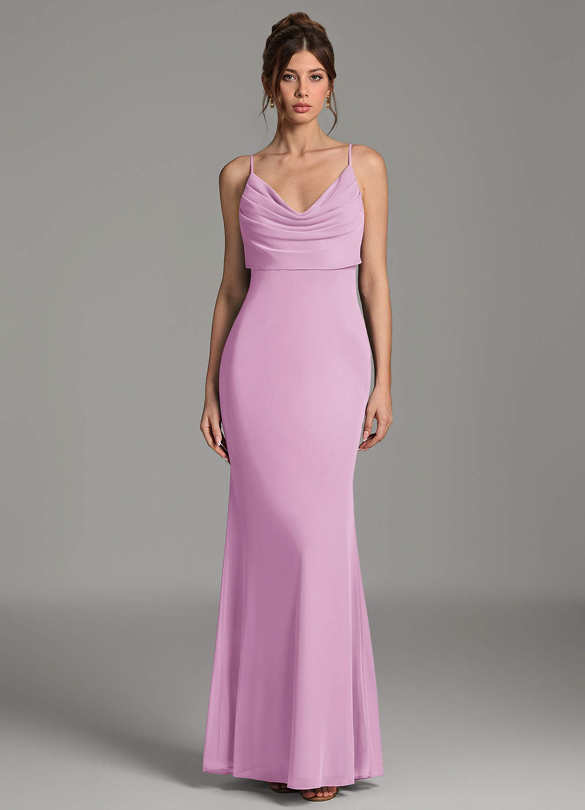 Zari Mermaid Cowl-Neck Mesh Bridesmaid Dress in candy pink