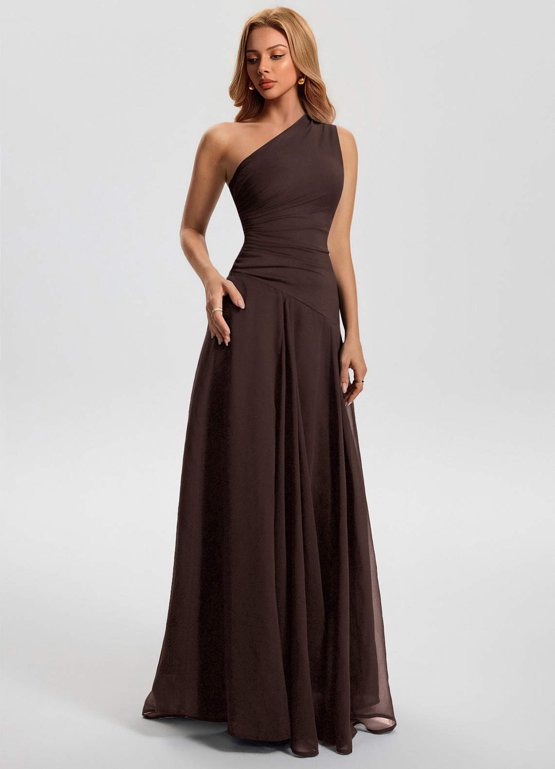 Sylvaine A-Line One-Shoulder Chiffon Wedding Guest Dress in Ganache