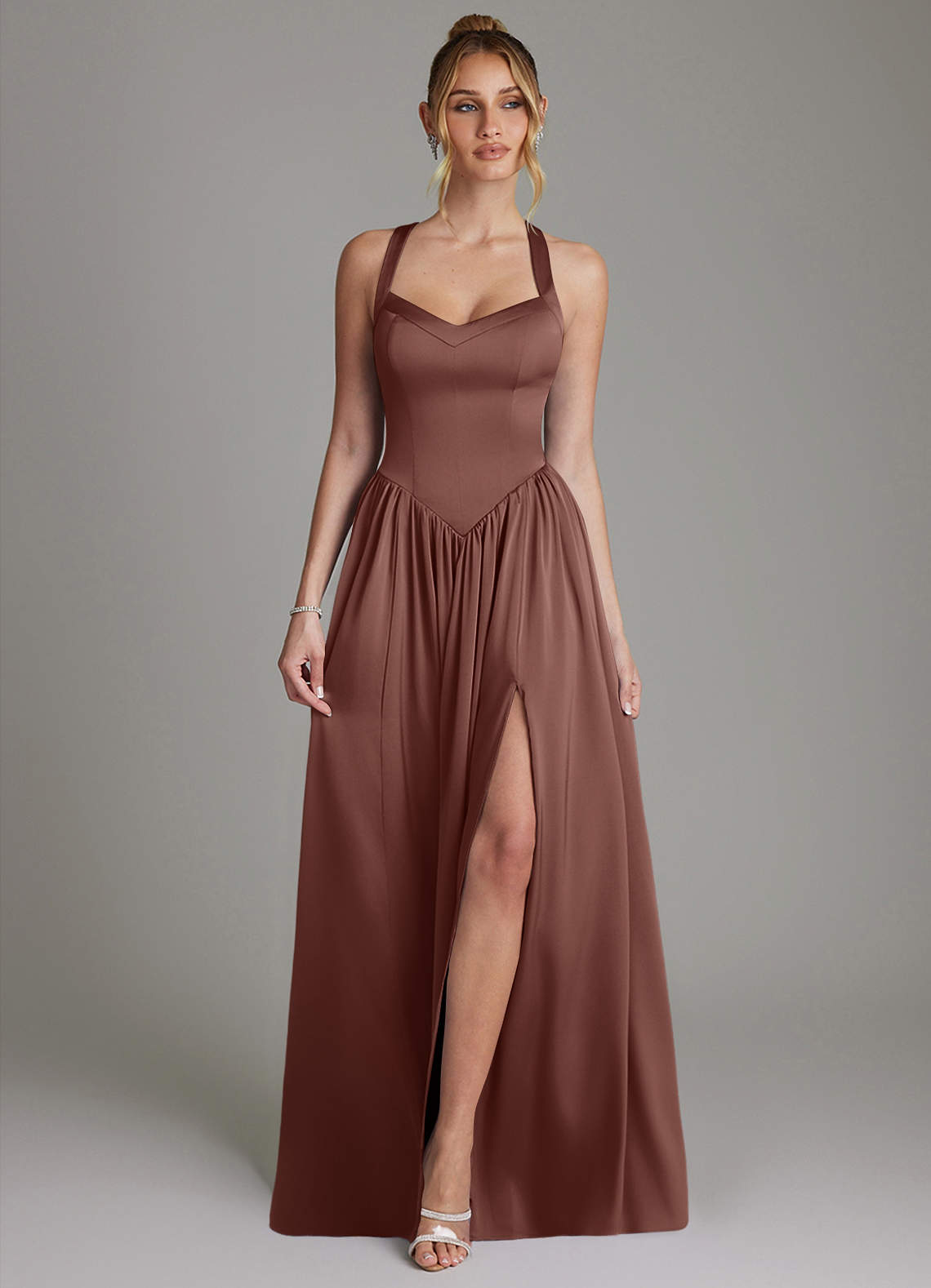 Francis A-Line V-Neck Stretch Satin Bridesmaid Dress in Espresso