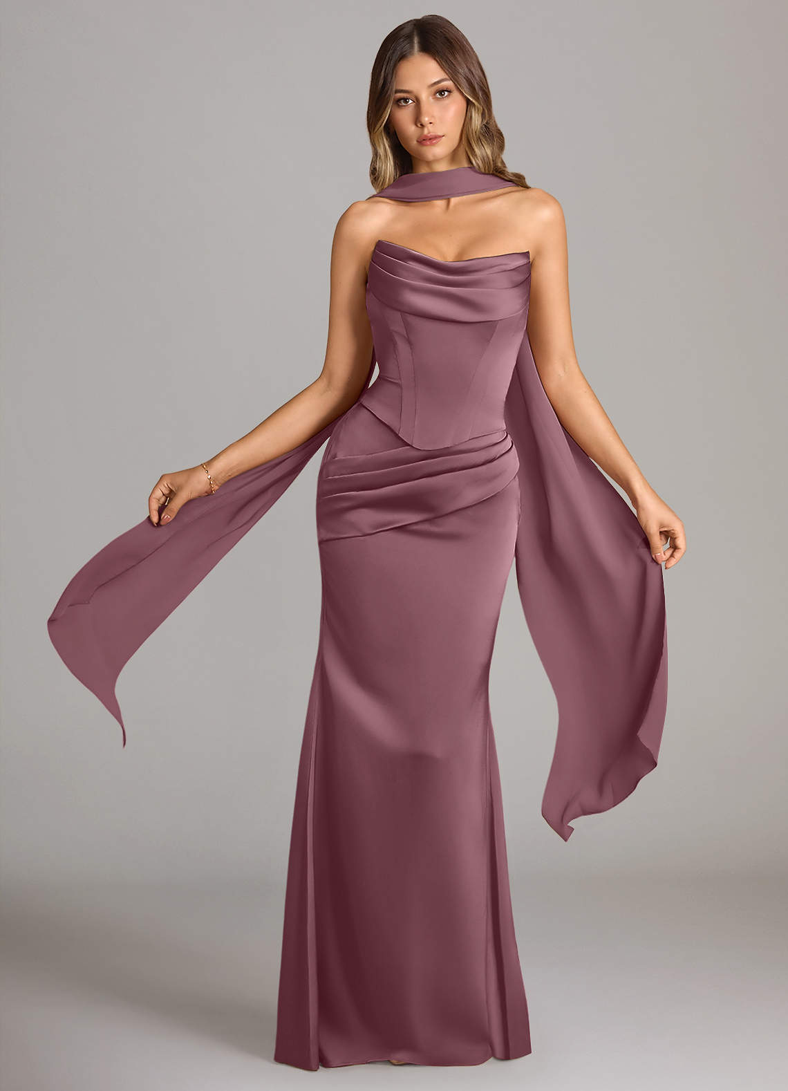 Sorrel Mermaid Cowl-Neck Stretch Satin and Chiffon Bridesmaid Dress in Amethyst