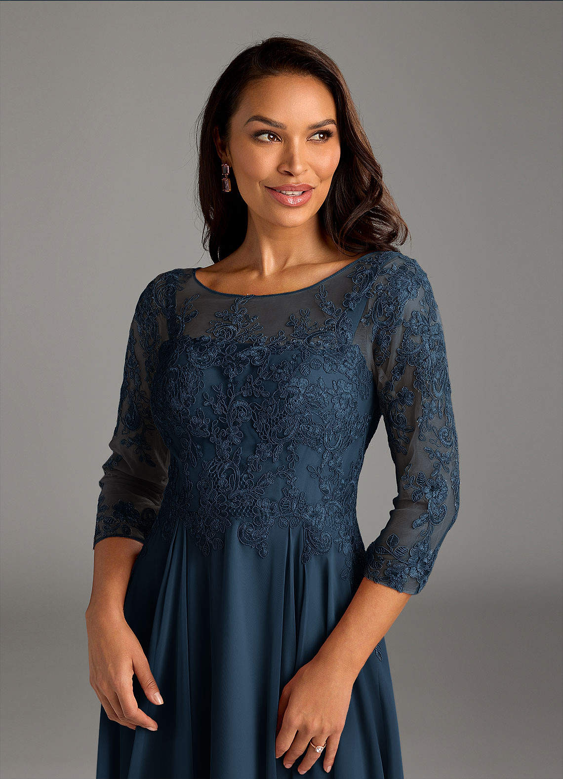 Marge A-Line Scoop-Neck Chiffon and Lace Mother of the Bride Dress in Dark Navy